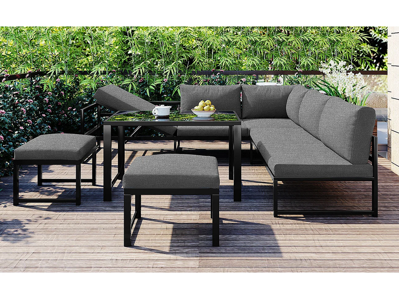 Set di mobili da giardino in alluminio da 7 posti - 1 divano reclinabile + 1 panca + tavolino in vetro + 2 pouf - 11 cuscini per seduta e schienale - Grigio