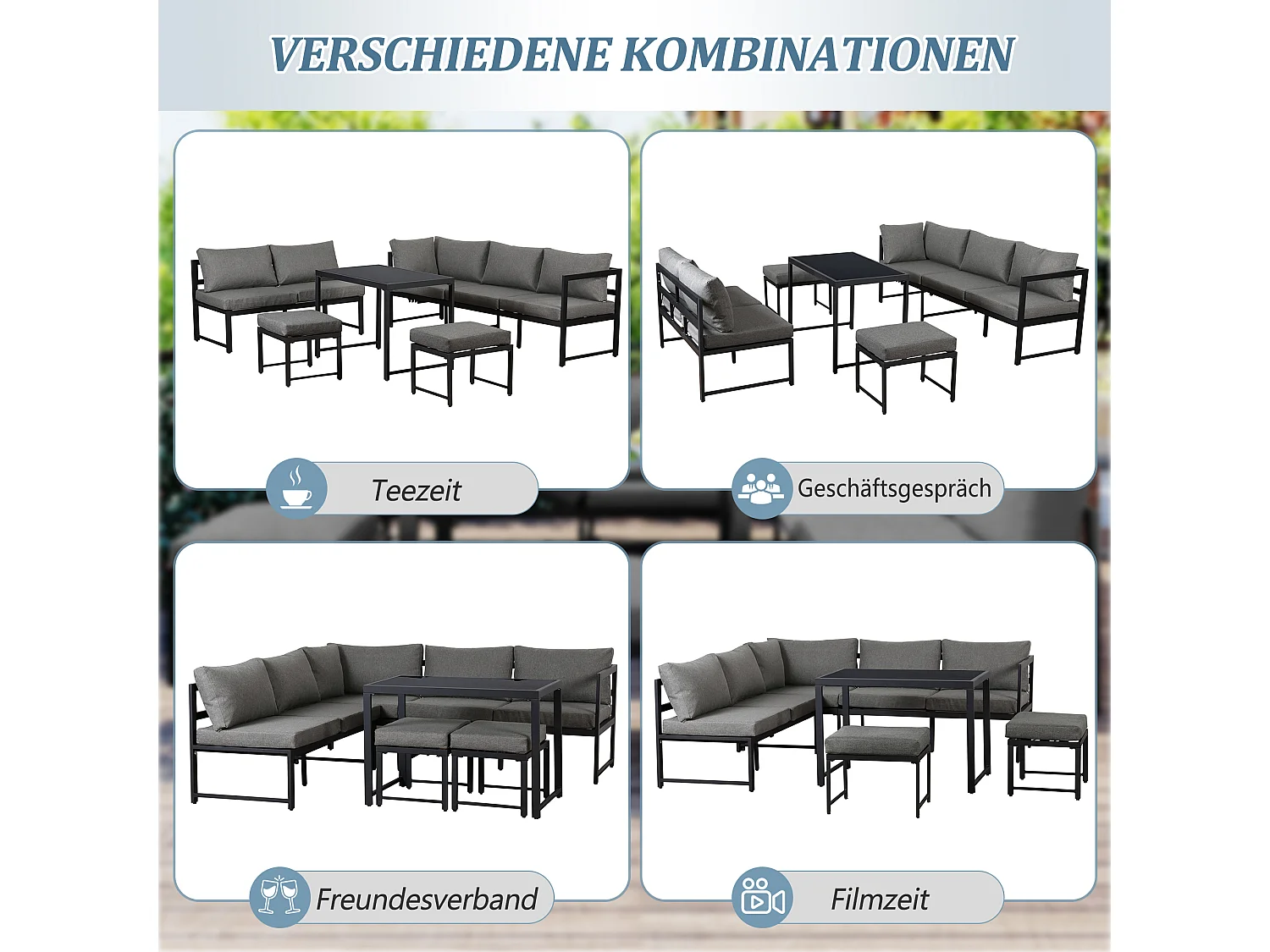 Set di mobili da giardino in alluminio da 7 posti - 1 divano reclinabile + 1 panca + tavolino in vetro + 2 pouf - 11 cuscini per seduta e schienale - Grigio