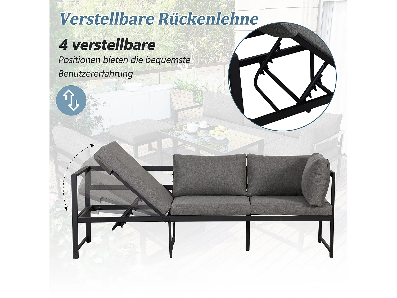 Set di mobili da giardino in alluminio da 7 posti - 1 divano reclinabile + 1 panca + tavolino in vetro + 2 pouf - 11 cuscini per seduta e schienale - Grigio