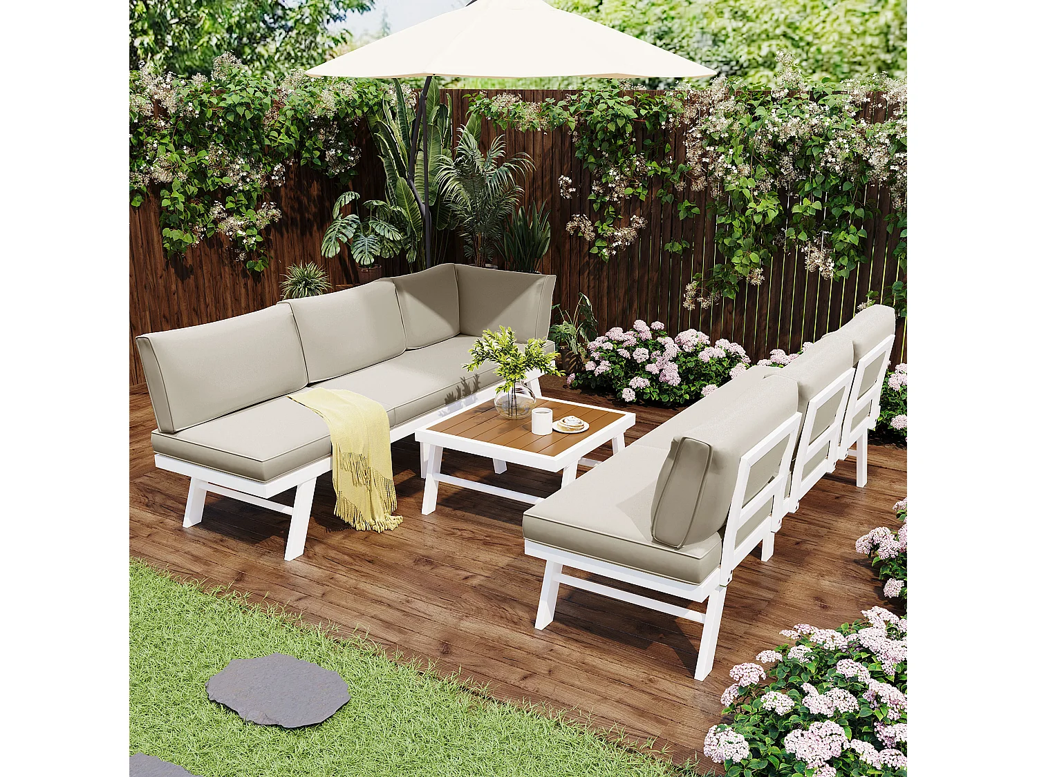 Muebles de jardín modulares de aluminio para 5-6 personas. - 2 sofás esquineros, 1 mesa de centro, incluidos 7 cojines beige y 4 cojines de asiento beige - Blanco