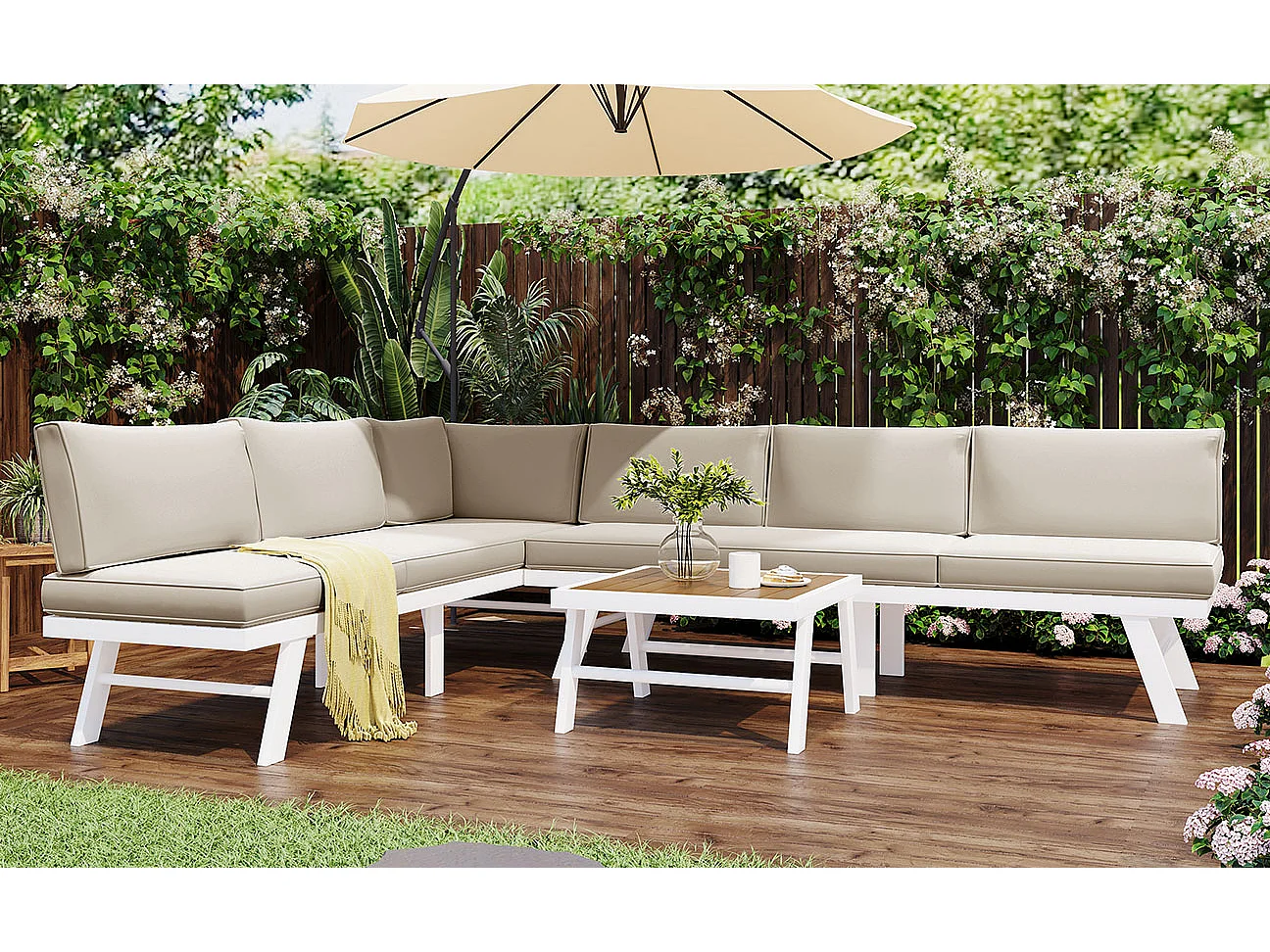 Muebles de jardín modulares de aluminio para 5-6 personas. - 2 sofás esquineros, 1 mesa de centro, incluidos 7 cojines beige y 4 cojines de asiento beige - Blanco