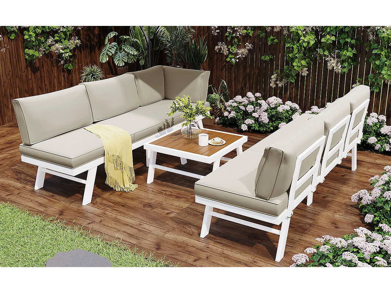 Muebles de jardín modulares de aluminio para 5-6 personas. - 2 sofás esquineros, 1 mesa de centro, incluidos 7 cojines beige y 4 cojines de asiento beige - Blanco