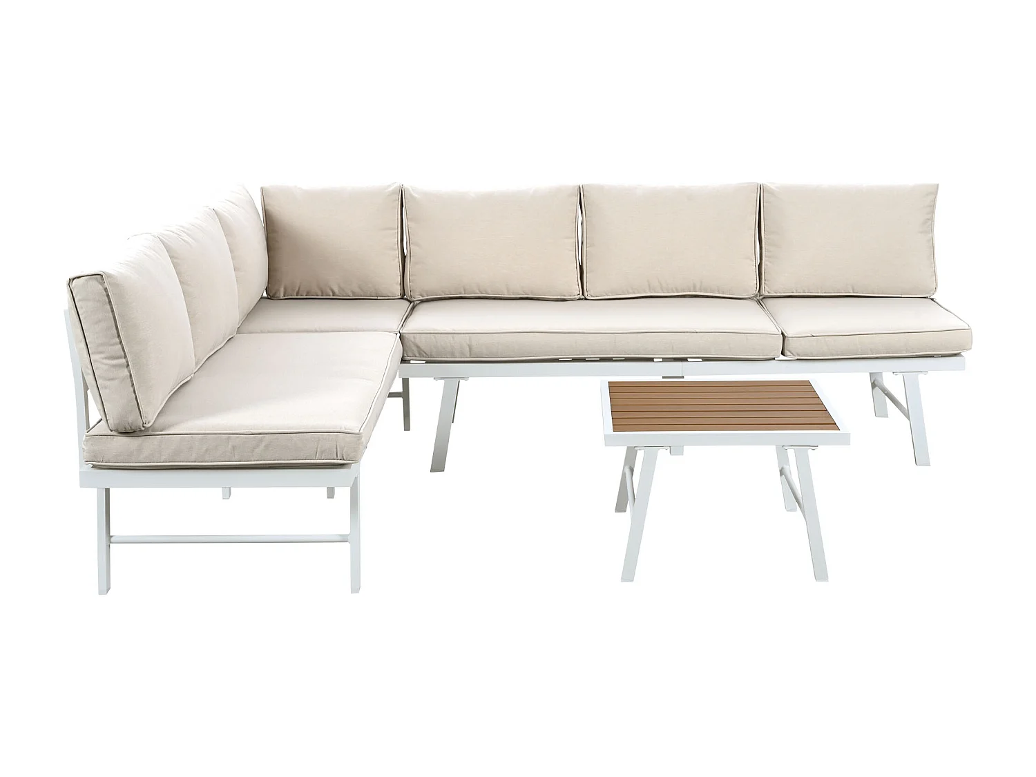 Muebles de jardín modulares de aluminio para 5-6 personas. - 2 sofás esquineros, 1 mesa de centro, incluidos 7 cojines beige y 4 cojines de asiento beige - Blanco