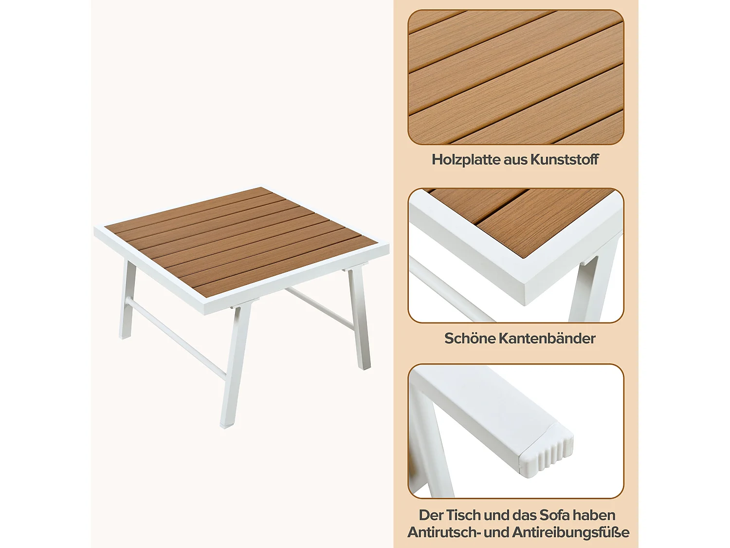 Muebles de jardín modulares de aluminio para 5-6 personas. - 2 sofás esquineros, 1 mesa de centro, incluidos 7 cojines beige y 4 cojines de asiento beige - Blanco