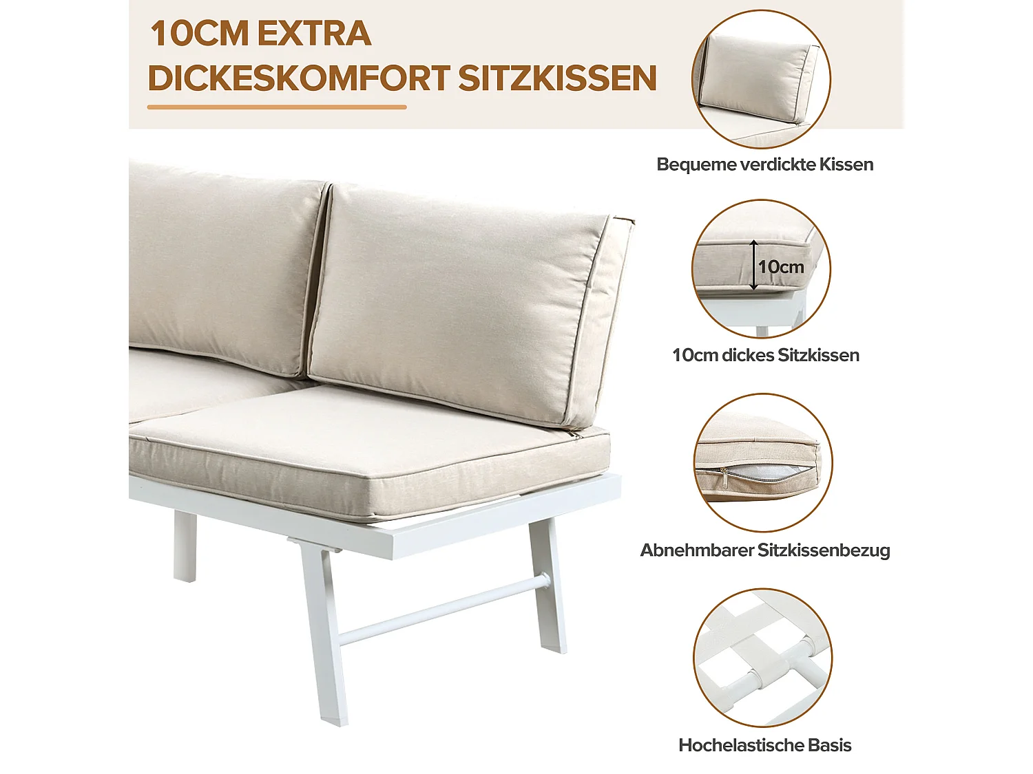 Muebles de jardín modulares de aluminio para 5-6 personas. - 2 sofás esquineros, 1 mesa de centro, incluidos 7 cojines beige y 4 cojines de asiento beige - Blanco