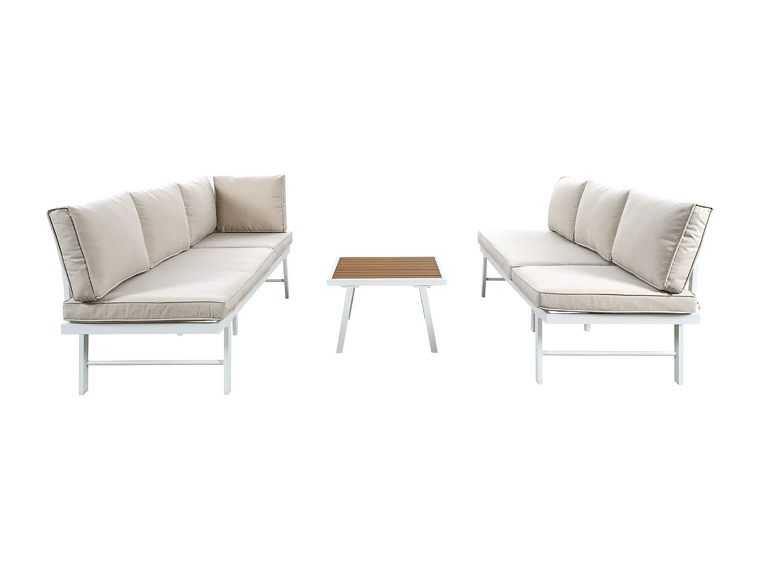 Muebles de jardín modulares de aluminio para 5-6 personas. - 2 sofás esquineros, 1 mesa de centro, incluidos 7 cojines beige y 4 cojines de asiento beige - Blanco