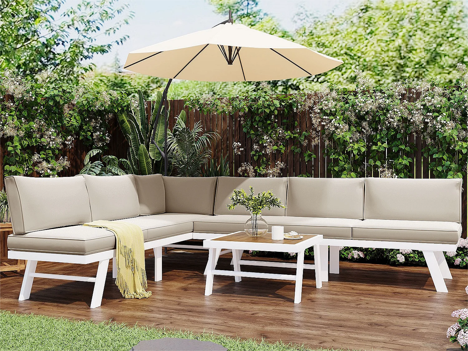Muebles de jardín modulares de aluminio para 5-6 personas. - 2 sofás esquineros, 1 mesa de centro, incluidos 7 cojines beige y 4 cojines de asiento beige - Blanco