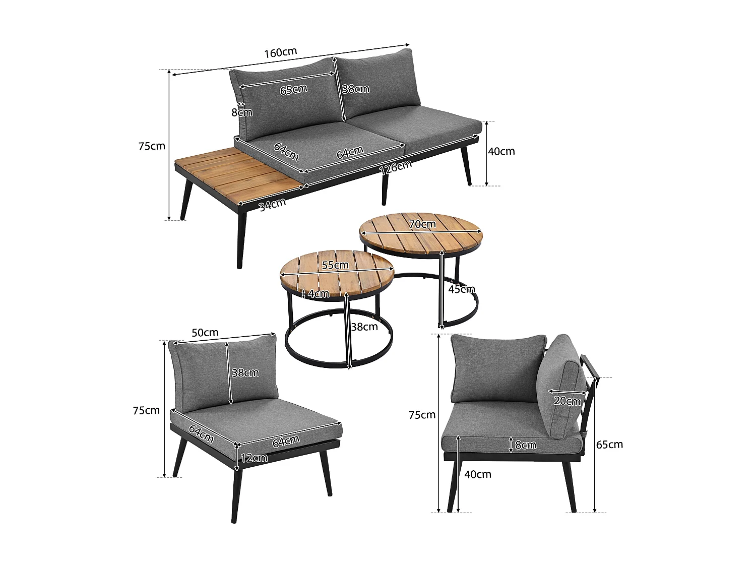 Ensemble salon de jardin modulable 6 places - 2 canapé + 2 chaises + lot de 2 tables basses gigognes - coloris: gris antique + marron