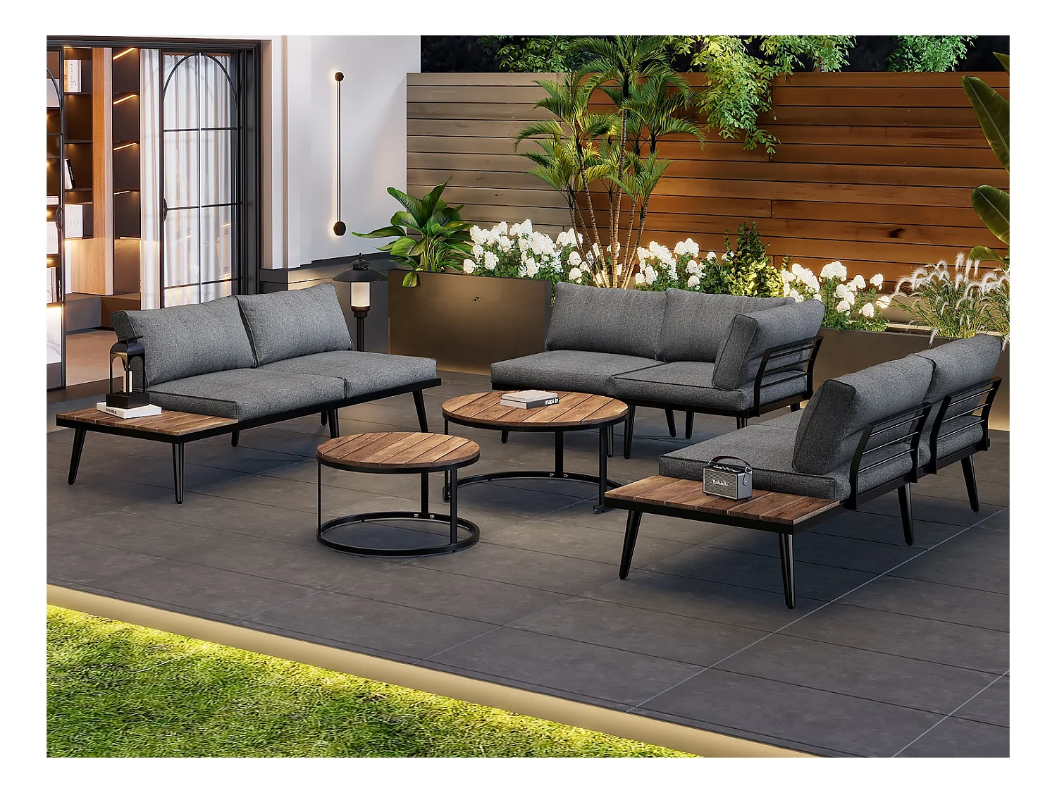 Set arredo giardino componibile 6 posti - 2 divani + 2 sedie + set 2 tavolini estraibili - colore: grigio antico + marrone