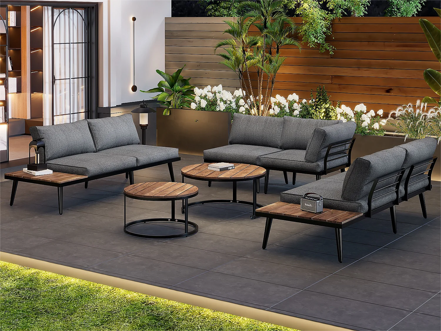 6-zits modulaire tuinmeubelset - 2 bank + 2 stoelen + set van 2 uittrekbare salontafels - kleur: antiekgrijs + bruin