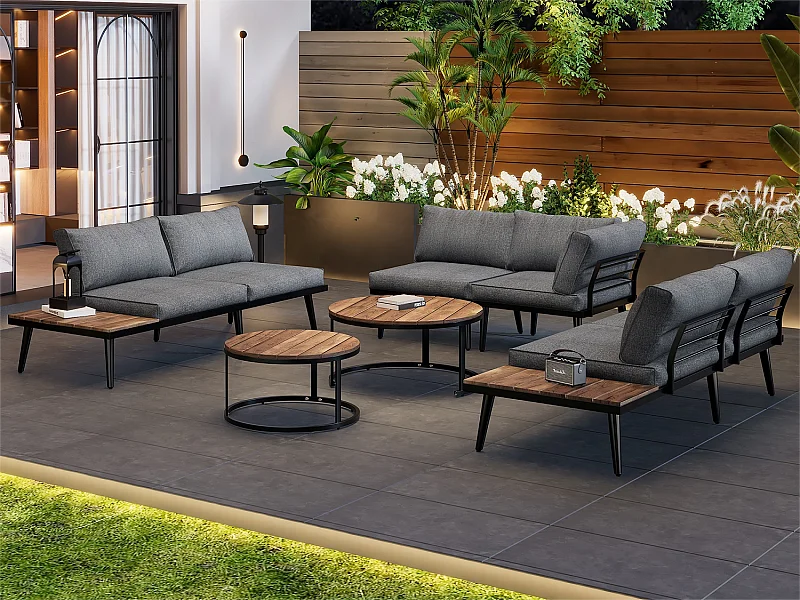 6-zits modulaire tuinmeubelset - 2 bank + 2 stoelen + set van 2 uittrekbare salontafels - kleur: antiekgrijs + bruin