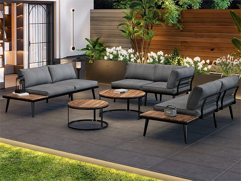 Ensemble salon de jardin modulable 6 places - 2 canapé + 2 chaises + lot de 2 tables basses gigognes - coloris: gris antique + marron