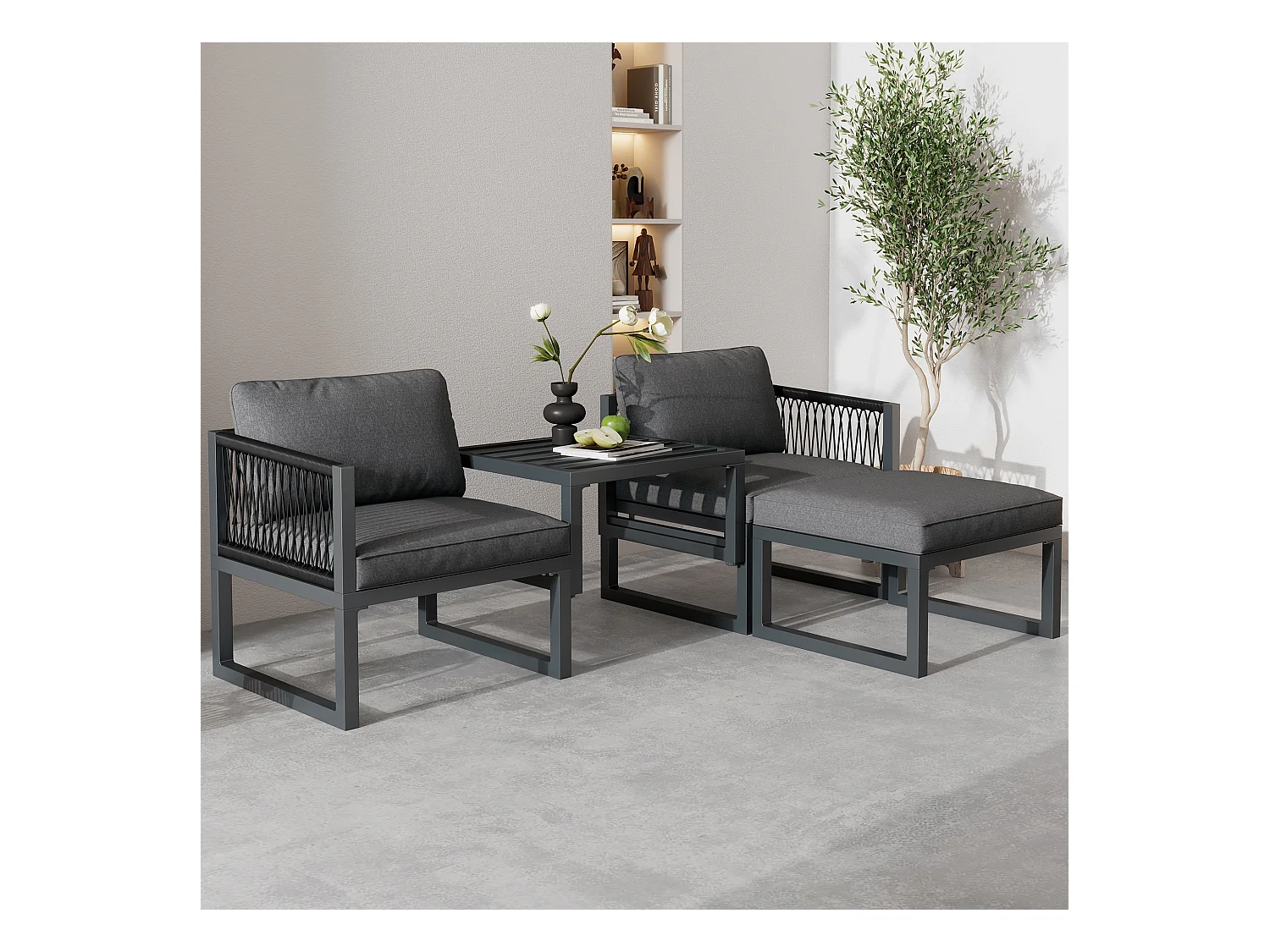 Set di mobili da giardino modulari in alluminio: 2 divani + 2 poggiapiedi + 5 cuscini inclusi - grigio