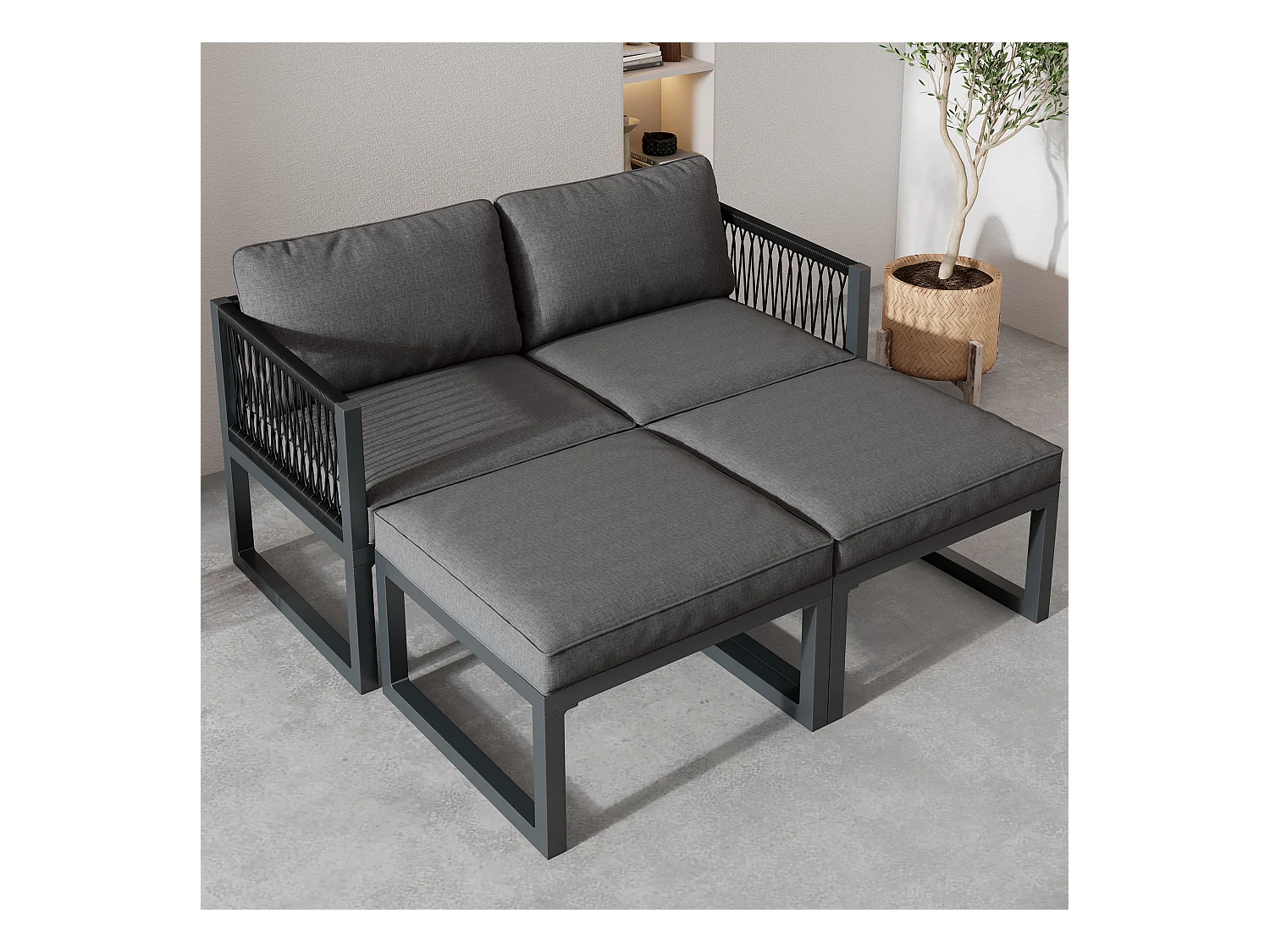 Modulares Gartenmöbel-Set aus Aluminium: 2 Sofas + 2 Fußstützen + 5 Kissen inklusive - grau