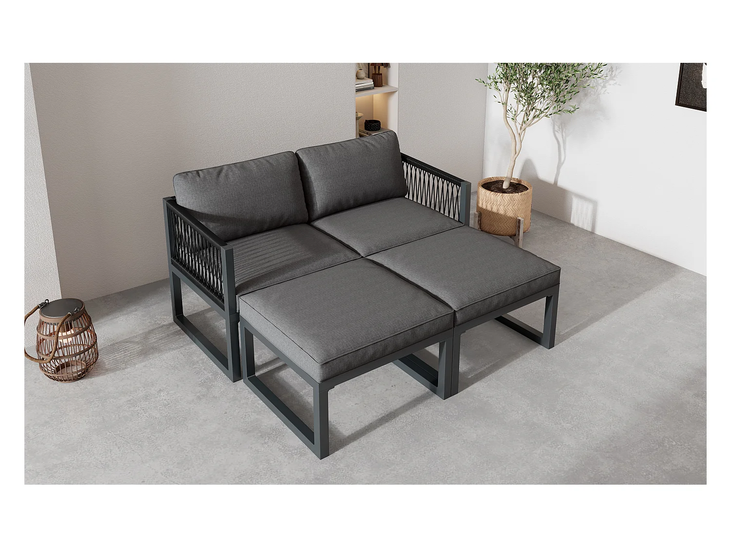 Modulares Gartenmöbel-Set aus Aluminium: 2 Sofas + 2 Fußstützen + 5 Kissen inklusive - grau