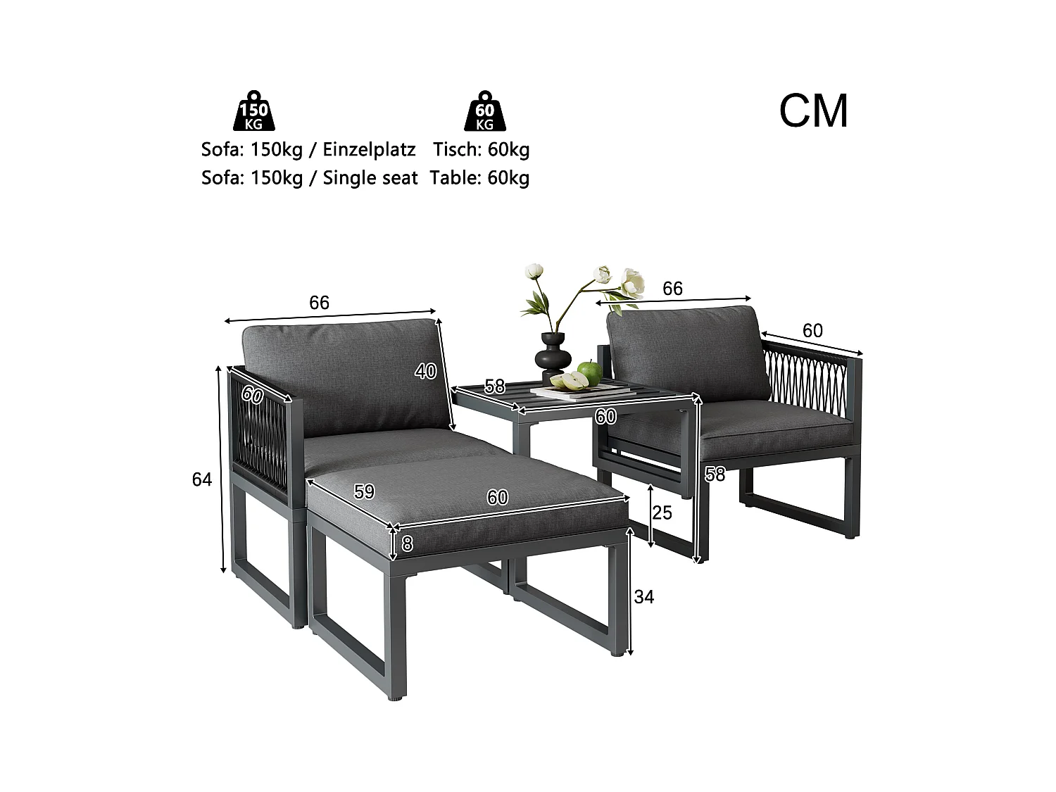 Modulares Gartenmöbel-Set aus Aluminium: 2 Sofas + 2 Fußstützen + 5 Kissen inklusive - grau