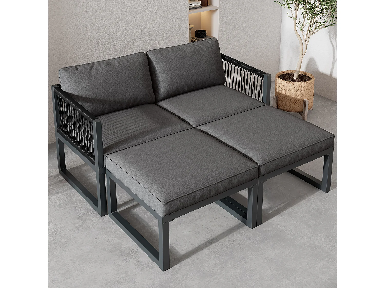Modulares Gartenmöbel-Set aus Aluminium: 2 Sofas + 2 Fußstützen + 5 Kissen inklusive - grau