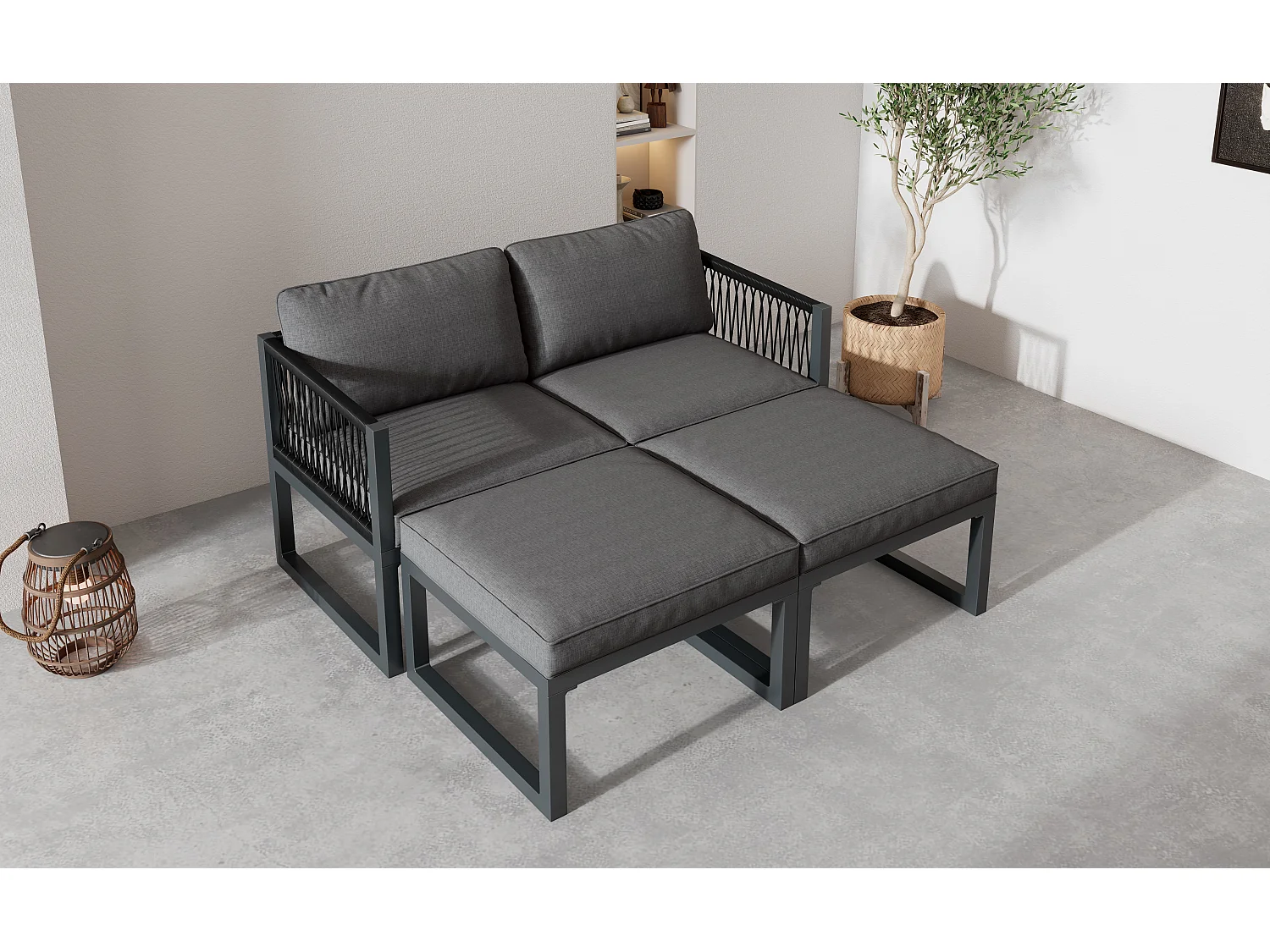 Modulares Gartenmöbel-Set aus Aluminium: 2 Sofas + 2 Fußstützen + 5 Kissen inklusive - grau