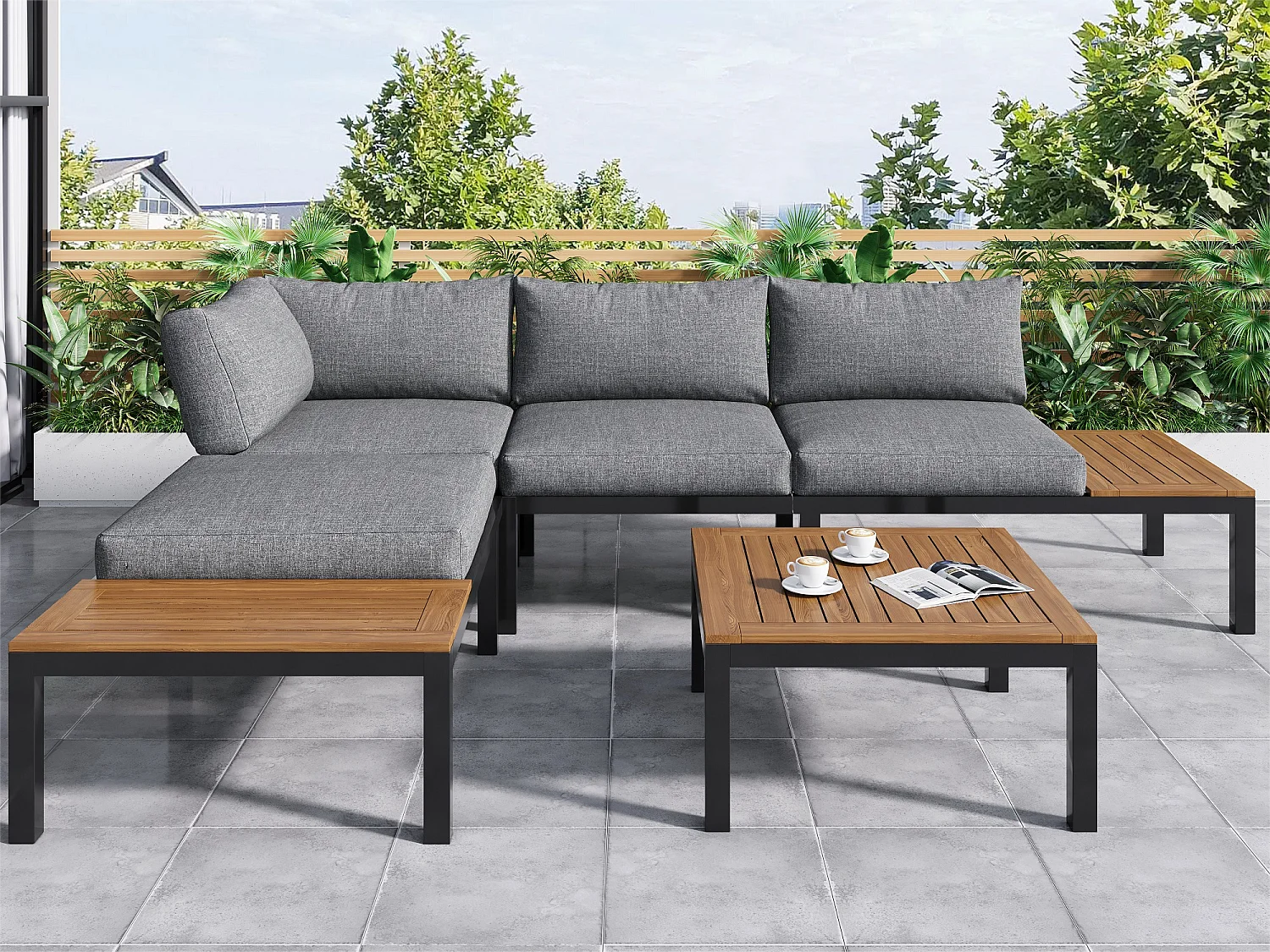 Salon de jardin modulable en acier et bois pour l'extérieur - 2 canapés + 2 tables d'appoint + 1 table basse + 8 coussins d'assise et de dossier - noir et gris