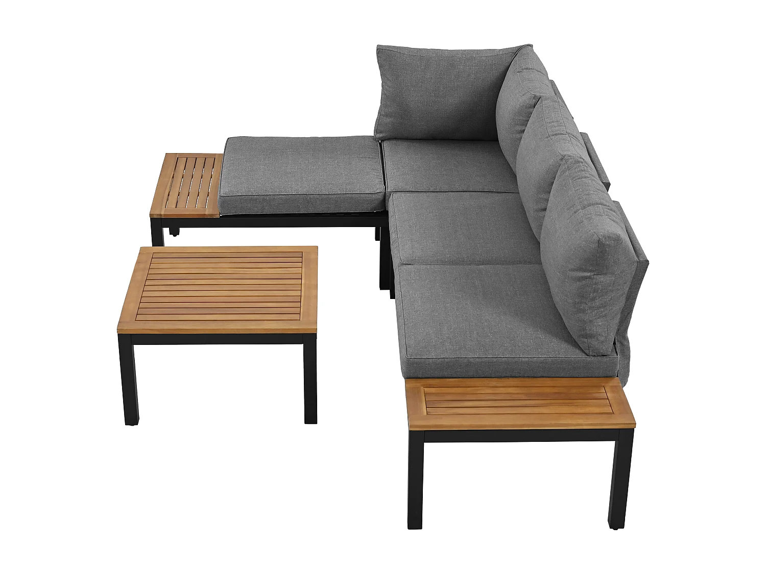 Salon de jardin modulable en acier et bois pour l'extérieur - 2 canapés + 2 tables d'appoint + 1 table basse + 8 coussins d'assise et de dossier - noir et gris