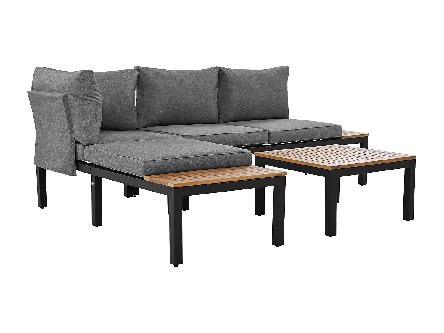 Salon de jardin modulable en acier et bois pour l'extérieur - 2 canapés + 2 tables d'appoint + 1 table basse + 8 coussins d'assise et de dossier - noir et gris