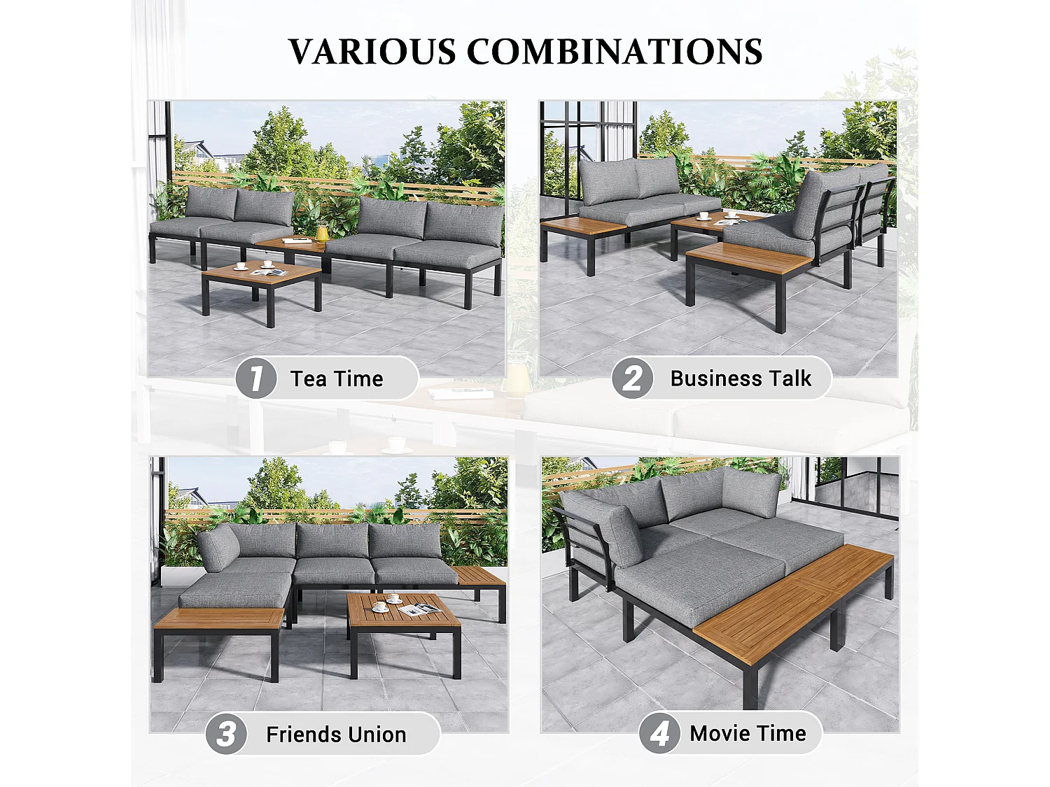 Salon de jardin modulable en acier et bois pour l'extérieur - 2 canapés + 2 tables d'appoint + 1 table basse + 8 coussins d'assise et de dossier - noir et gris