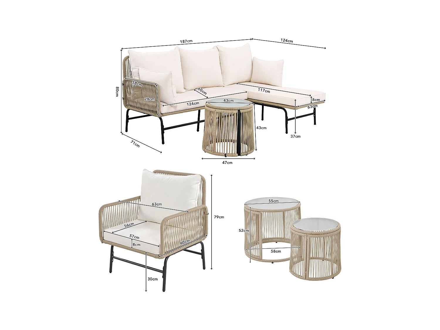 Conjunto de muebles de jardín modulares en hierro y cuerda trenzada - 2 sillones, 2 sofás de 2 plazas y 2 mesas - cojines incluidos - beige