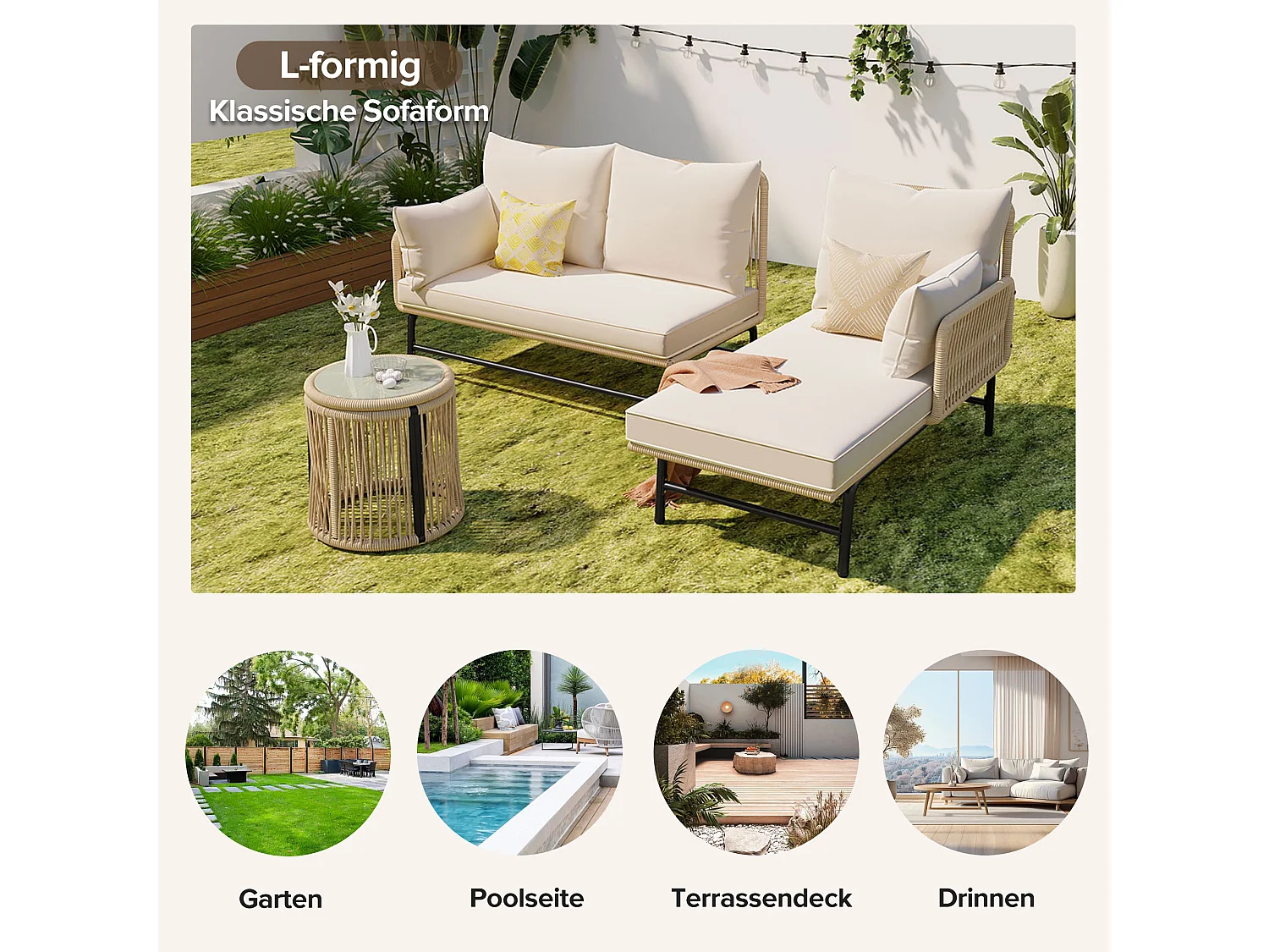 Conjunto de muebles de jardín modulares en hierro y cuerda trenzada - 2 sillones, 2 sofás de 2 plazas y 2 mesas - cojines incluidos - beige