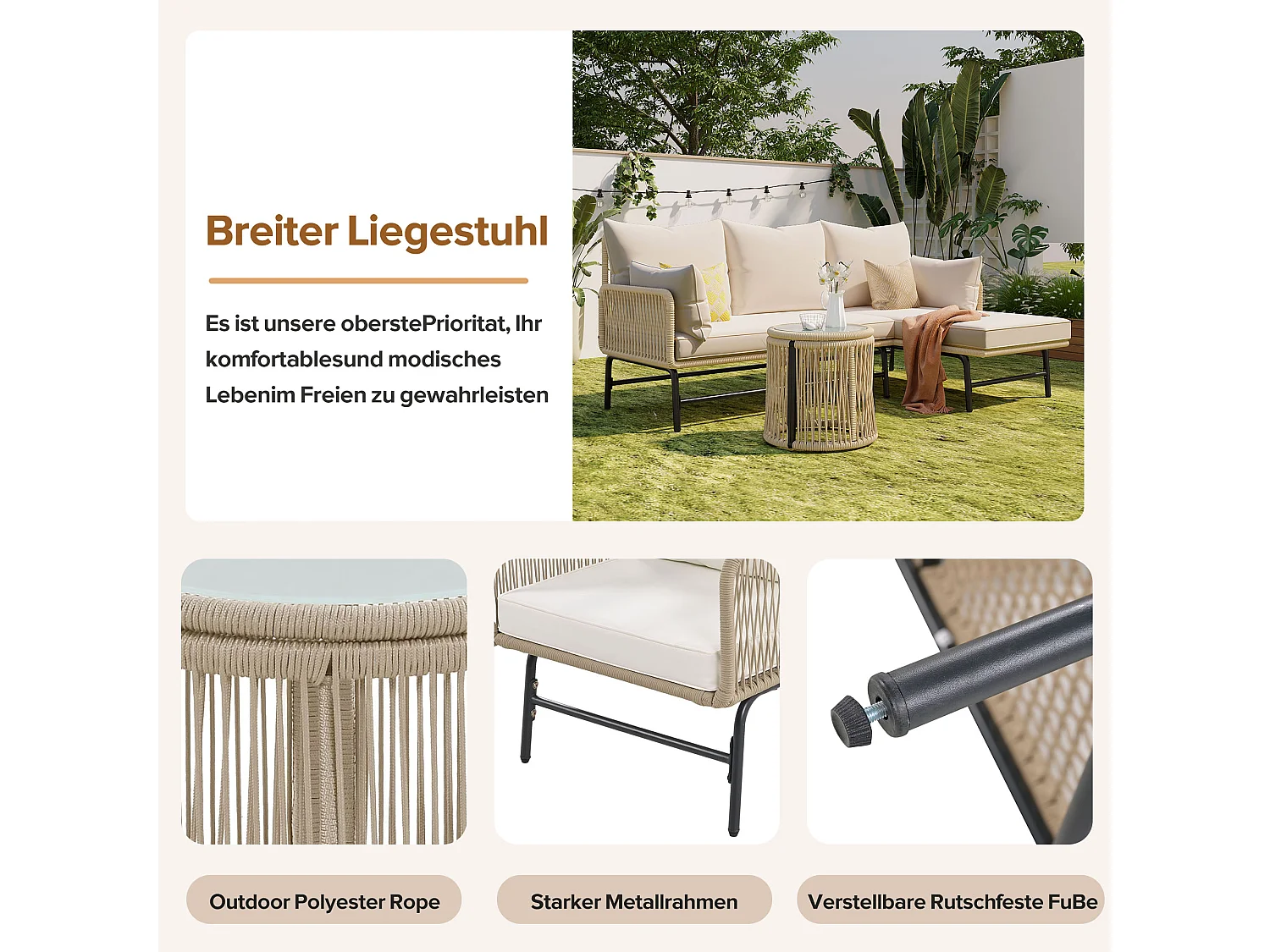 Conjunto de muebles de jardín modulares en hierro y cuerda trenzada - 2 sillones, 2 sofás de 2 plazas y 2 mesas - cojines incluidos - beige