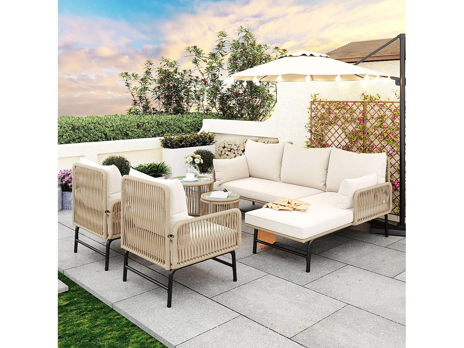 Ensemble salon de jardin modulable en fer et corde tressée - 2 fauteuils, 2 canapés 2 places et 2 tables - coussins inclus - beige