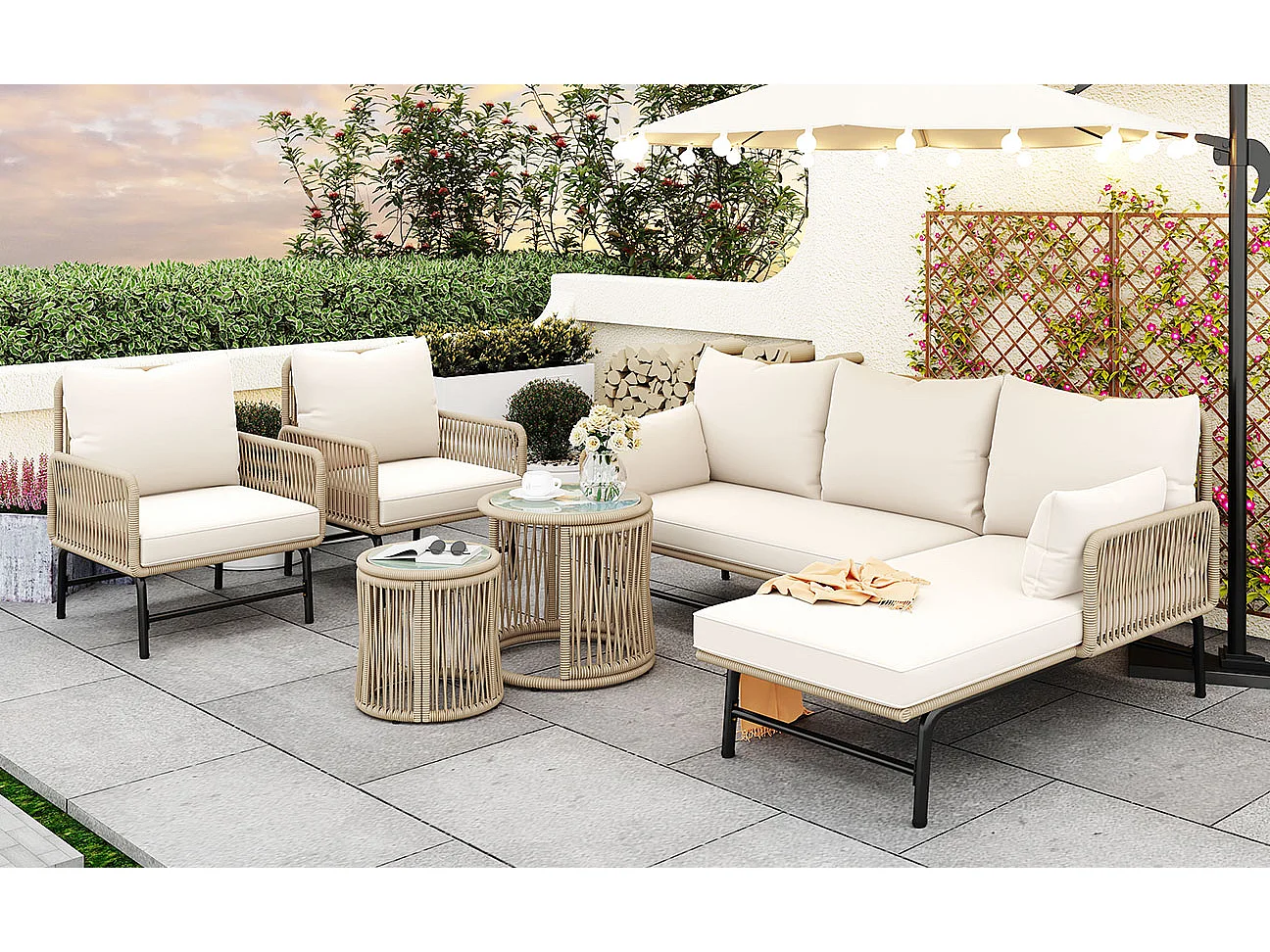 Ensemble salon de jardin modulable en fer et corde tressée - 2 fauteuils, 2 canapés 2 places et 2 tables - coussins inclus - beige