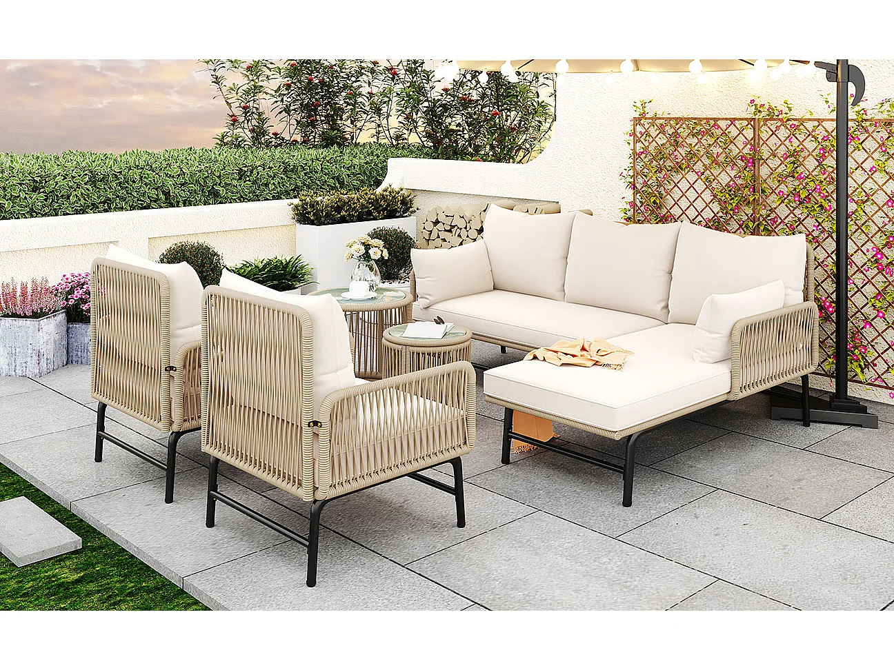 Ensemble salon de jardin modulable en fer et corde tressée - 2 fauteuils, 2 canapés 2 places et 2 tables - coussins inclus - beige