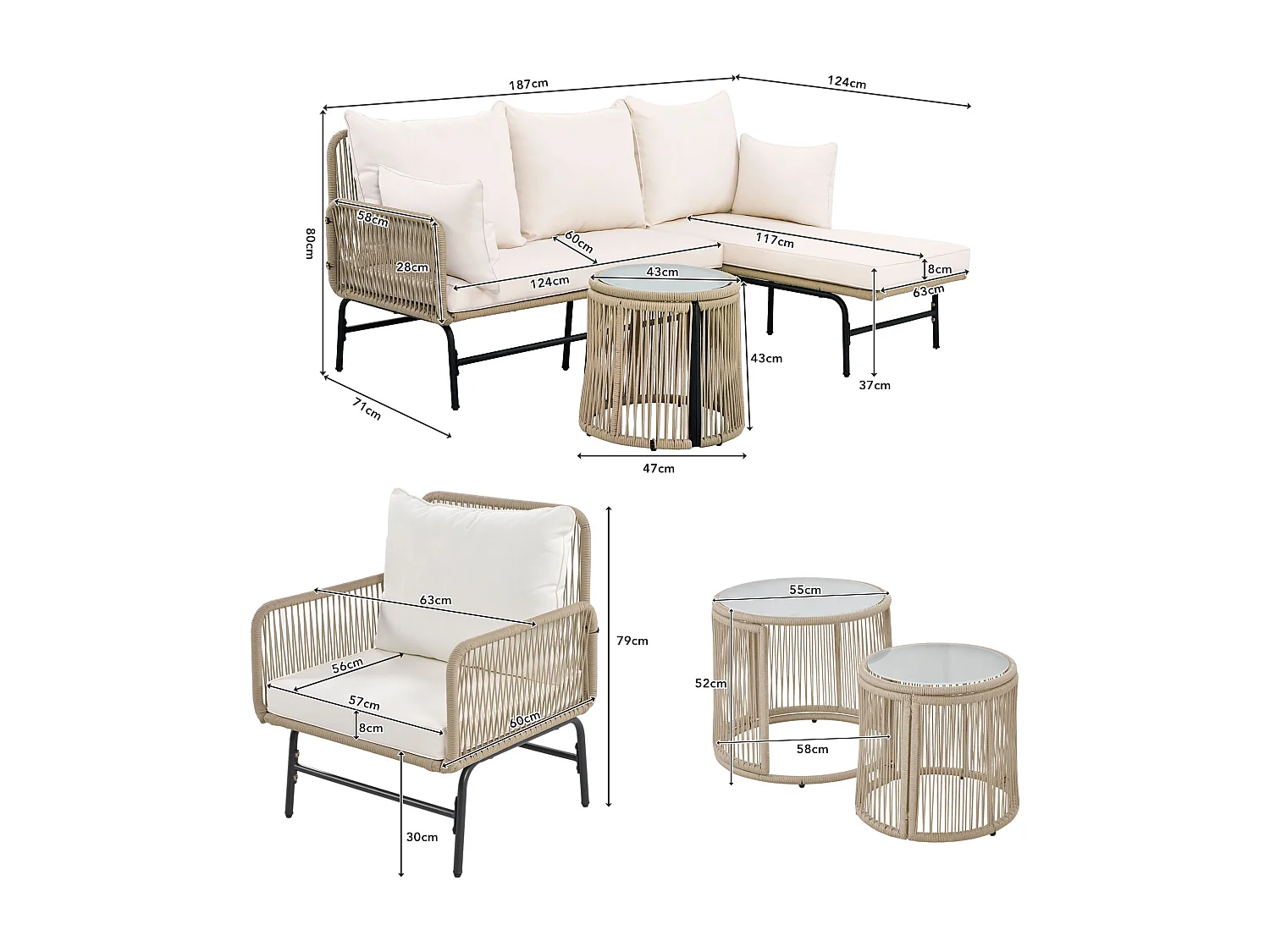 Ensemble salon de jardin modulable en fer et corde tressée - 2 fauteuils, 2 canapés 2 places et 2 tables - coussins inclus - beige