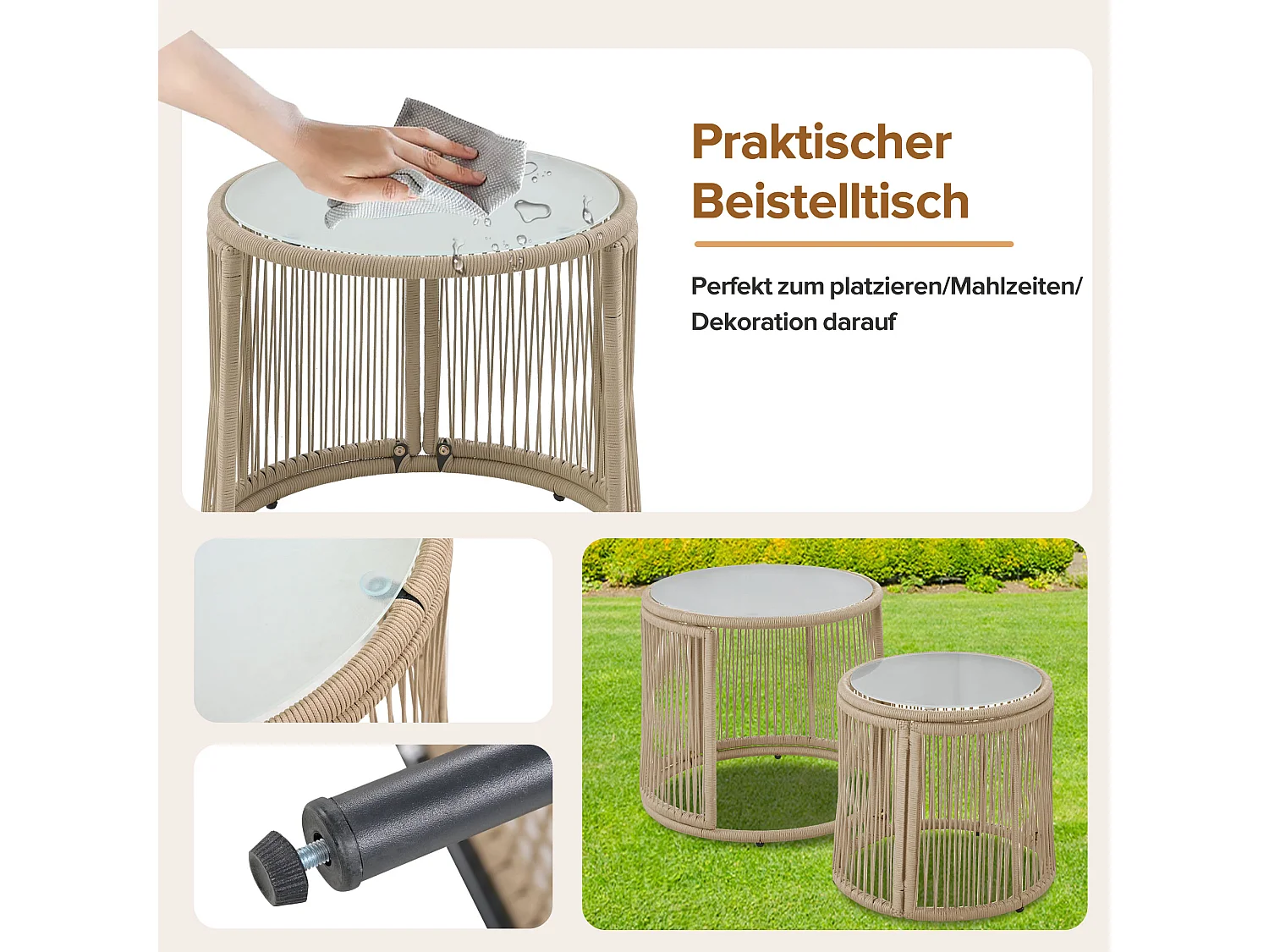 Ensemble salon de jardin modulable en fer et corde tressée - 2 fauteuils, 2 canapés 2 places et 2 tables - coussins inclus - beige