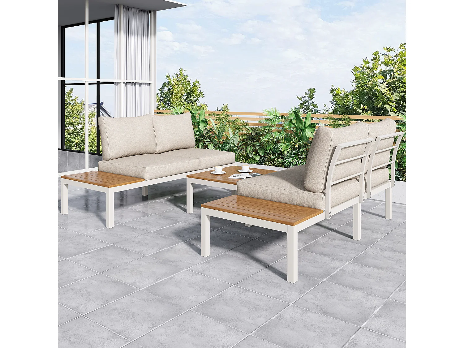 Salon de jardin modulable en acier et bois pour l'extérieur - 2 canapés + 2 tables d'appoint + 1 table basse + 8 coussins d'assise et de dossier - blanc et beige