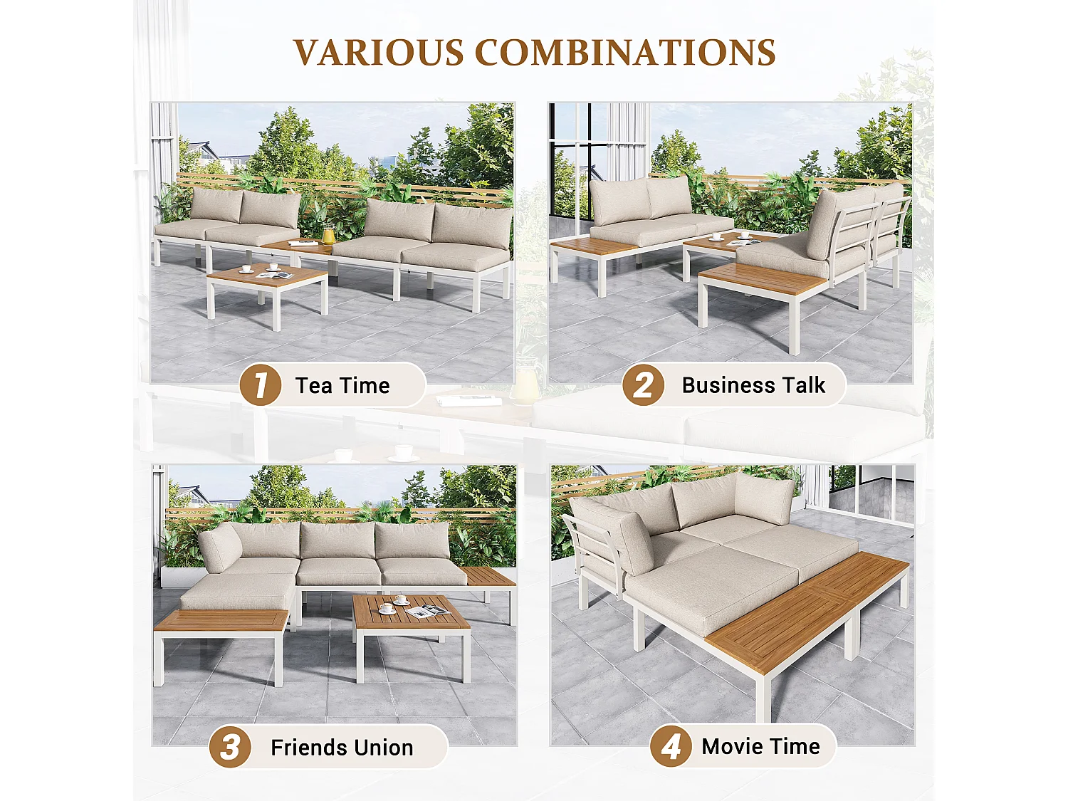 Salon de jardin modulable en acier et bois pour l'extérieur - 2 canapés + 2 tables d'appoint + 1 table basse + 8 coussins d'assise et de dossier - blanc et beige