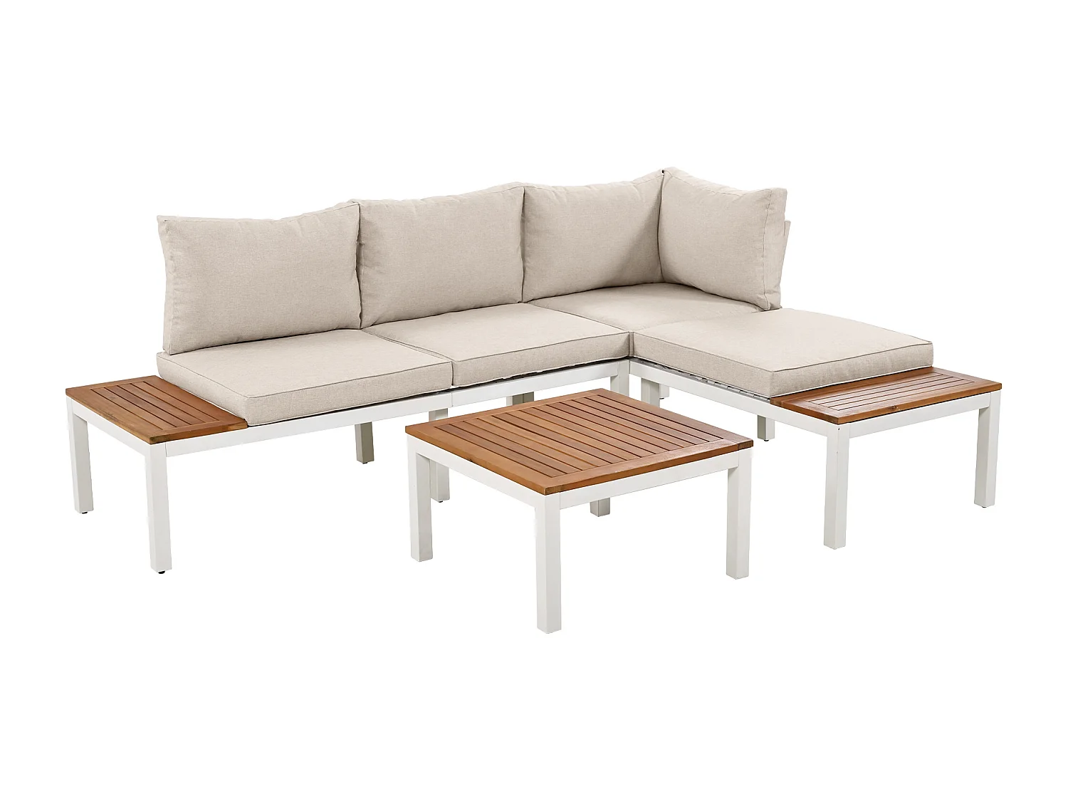 Salon de jardin modulable en acier et bois pour l'extérieur - 2 canapés + 2 tables d'appoint + 1 table basse + 8 coussins d'assise et de dossier - blanc et beige