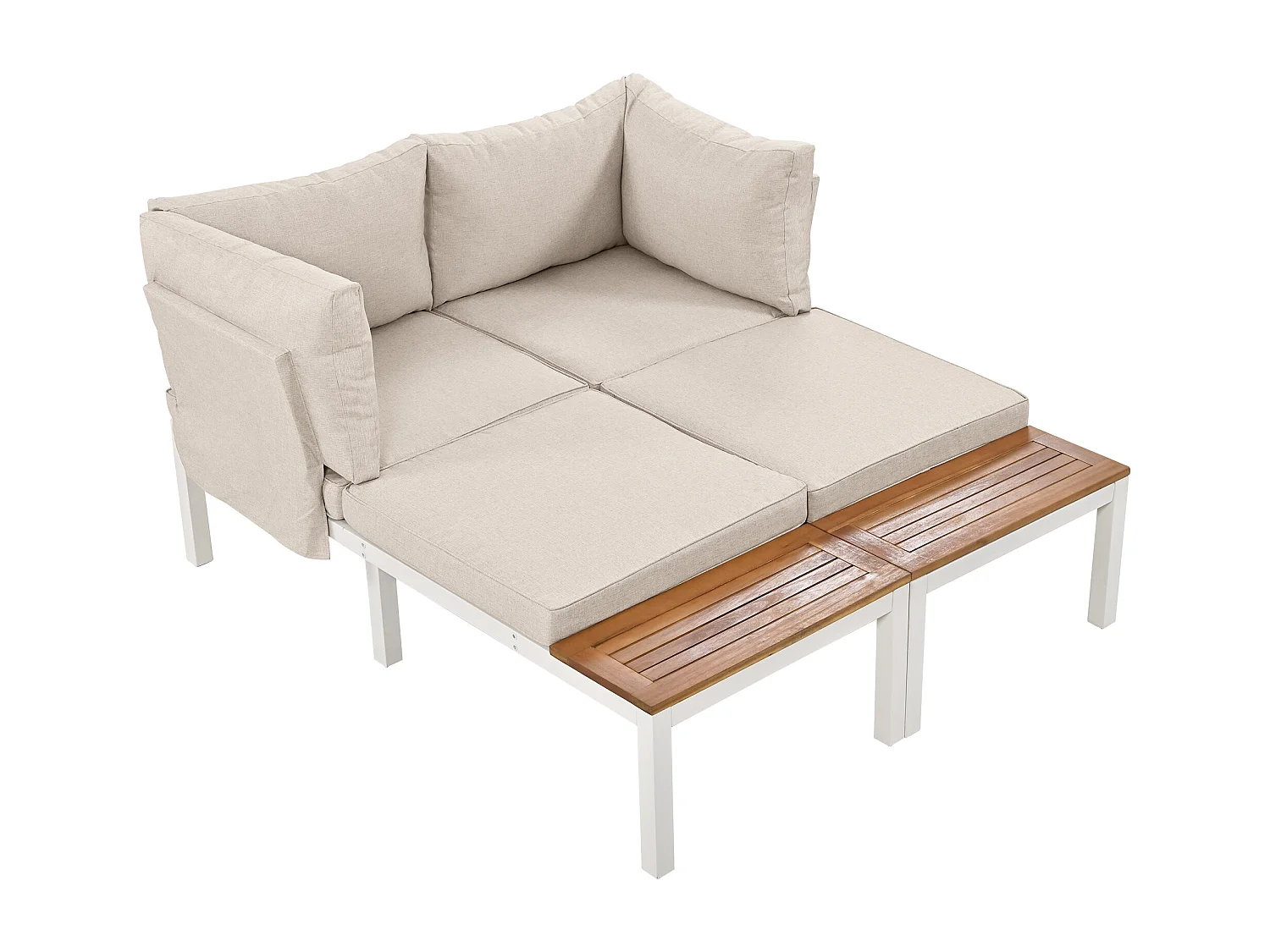 Salon de jardin modulable en acier et bois pour l'extérieur - 2 canapés + 2 tables d'appoint + 1 table basse + 8 coussins d'assise et de dossier - blanc et beige