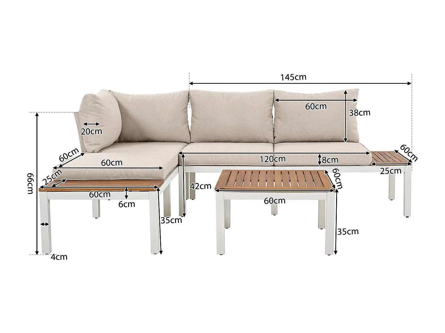 Salon de jardin modulable en acier et bois pour l'extérieur - 2 canapés + 2 tables d'appoint + 1 table basse + 8 coussins d'assise et de dossier - blanc et beige