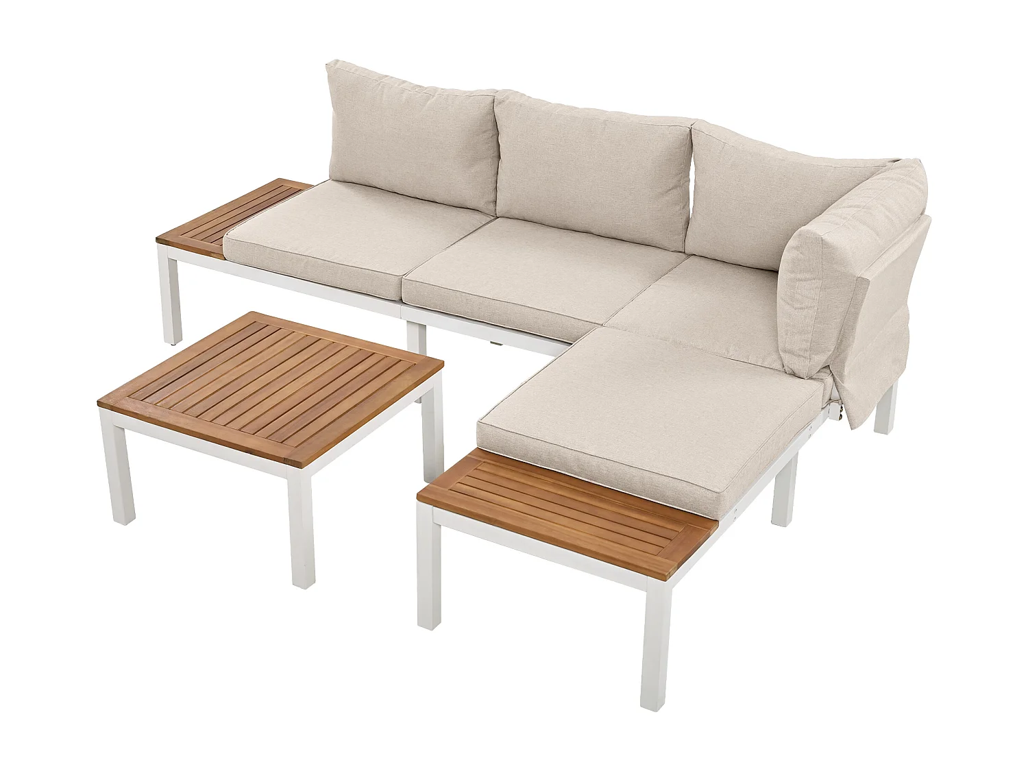 Salon de jardin modulable en acier et bois pour l'extérieur - 2 canapés + 2 tables d'appoint + 1 table basse + 8 coussins d'assise et de dossier - blanc et beige