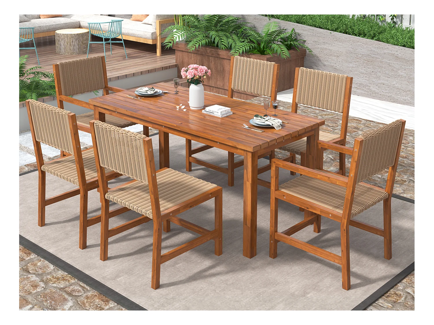 7-delige buiten eettafelset voor 6 personen. in HDPE rotan en acaciahout - 1 tafel + 6 stoelen - voor tuin of terras - bruin
