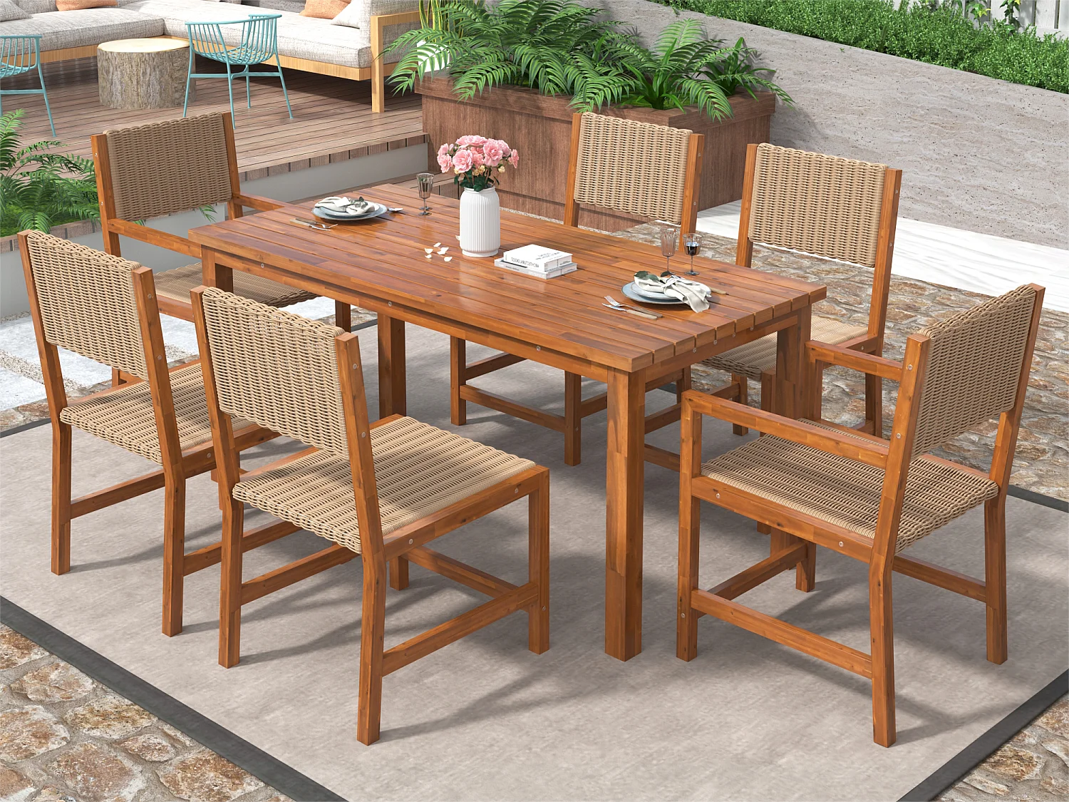 7-delige buiten eettafelset voor 6 personen. in HDPE rotan en acaciahout - 1 tafel + 6 stoelen - voor tuin of terras - bruin