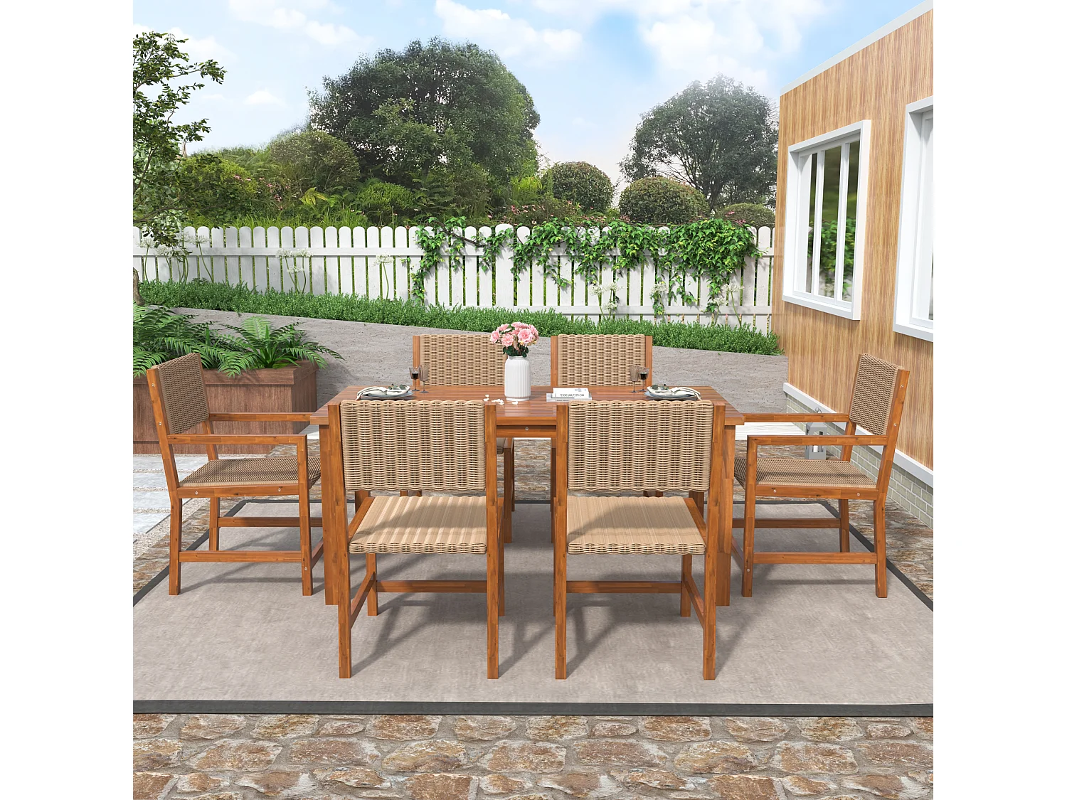 7-delige buiten eettafelset voor 6 personen. in HDPE rotan en acaciahout - 1 tafel + 6 stoelen - voor tuin of terras - bruin