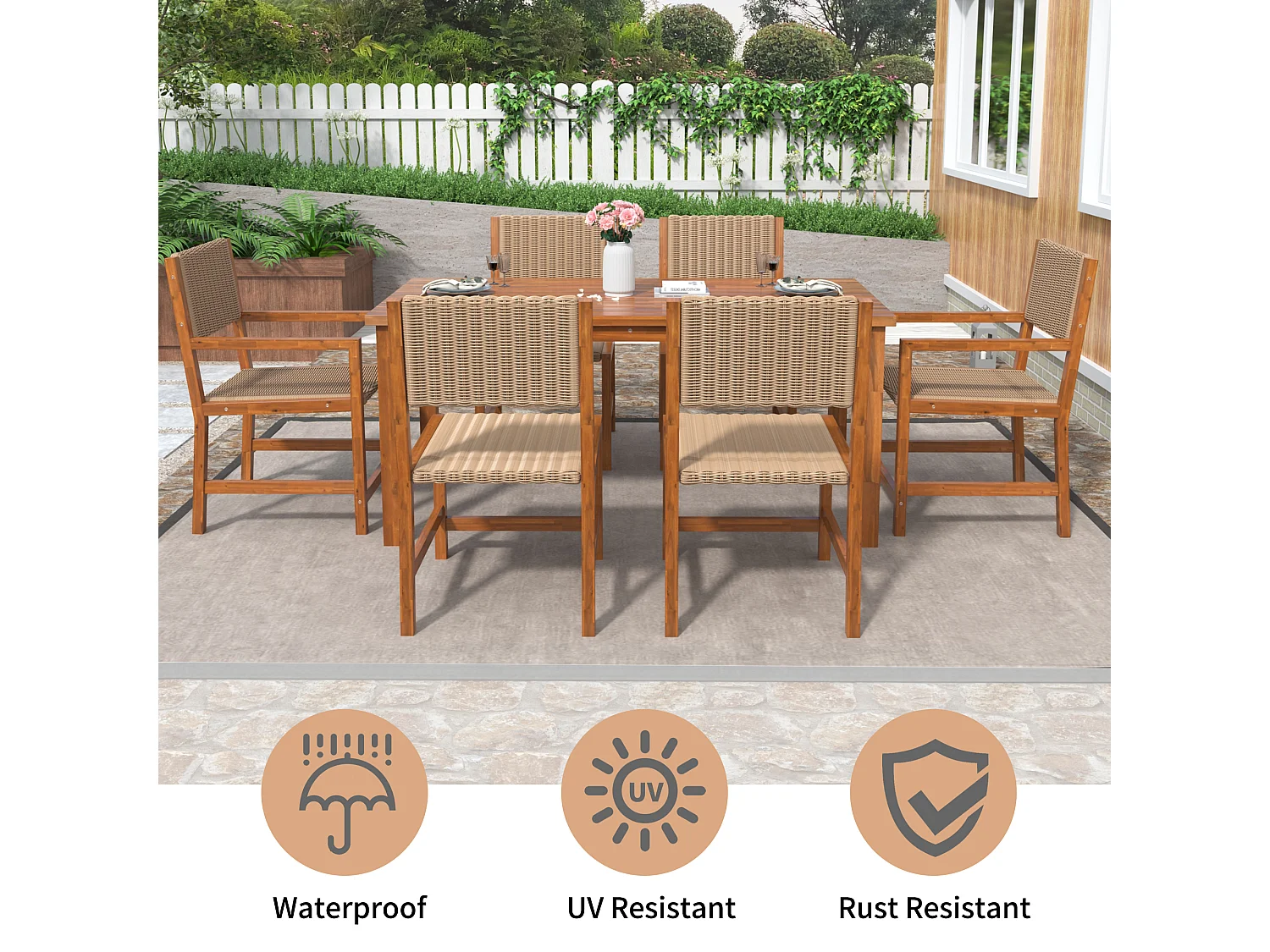 7-delige buiten eettafelset voor 6 personen. in HDPE rotan en acaciahout - 1 tafel + 6 stoelen - voor tuin of terras - bruin