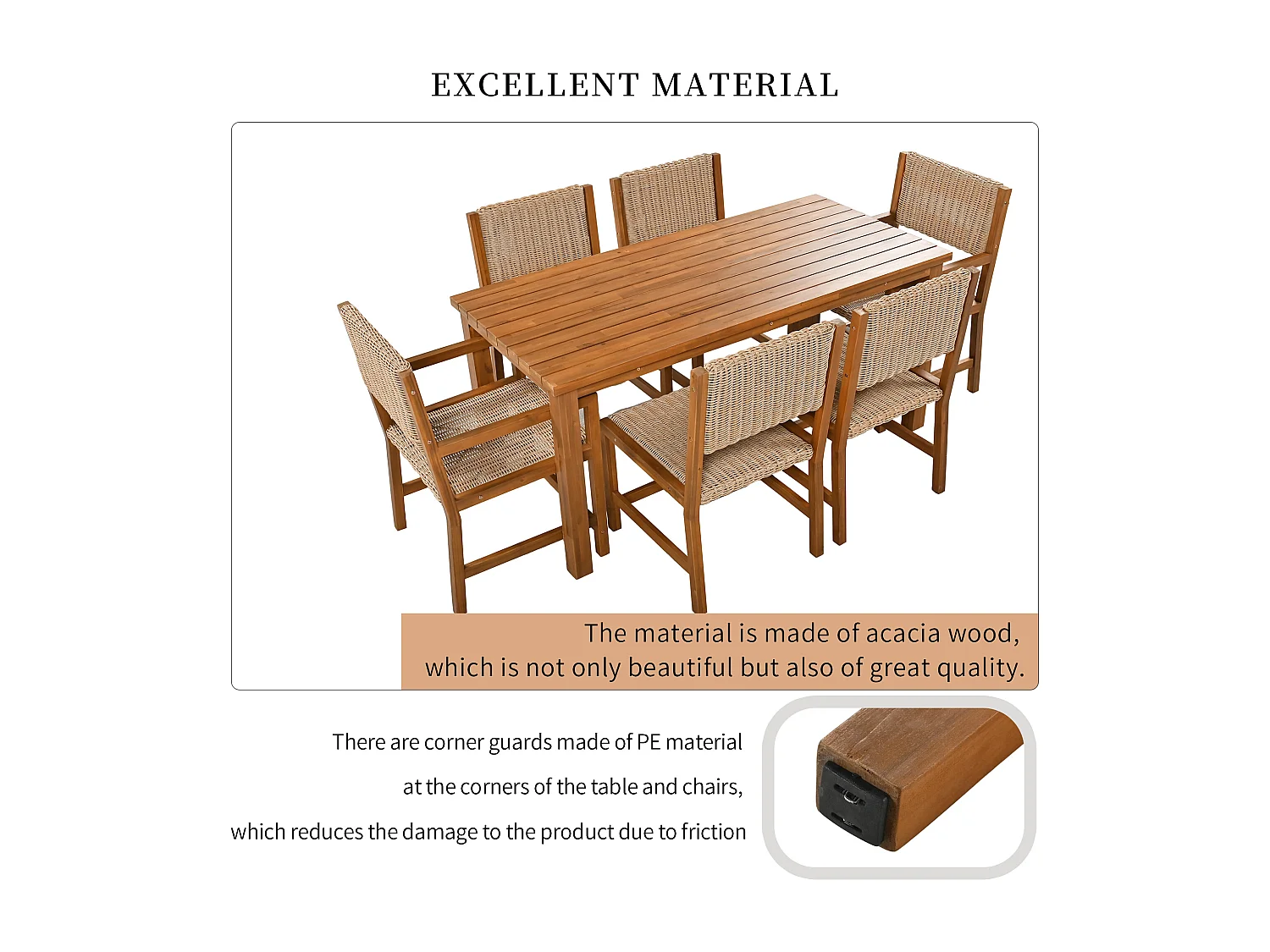 7-delige buiten eettafelset voor 6 personen. in HDPE rotan en acaciahout - 1 tafel + 6 stoelen - voor tuin of terras - bruin