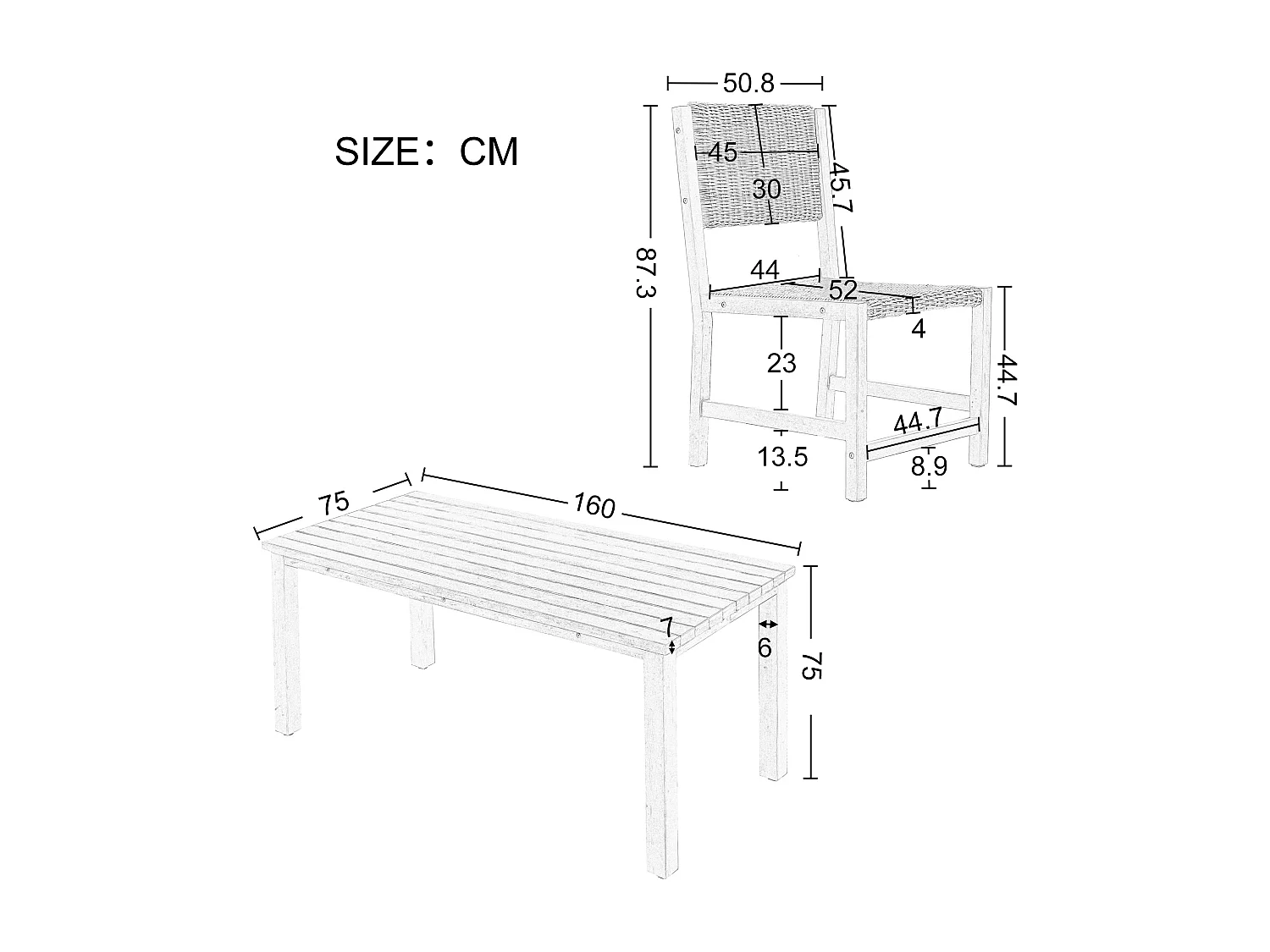 7-delige buiten eettafelset voor 6 personen. in HDPE rotan en acaciahout - 1 tafel + 6 stoelen - voor tuin of terras - bruin
