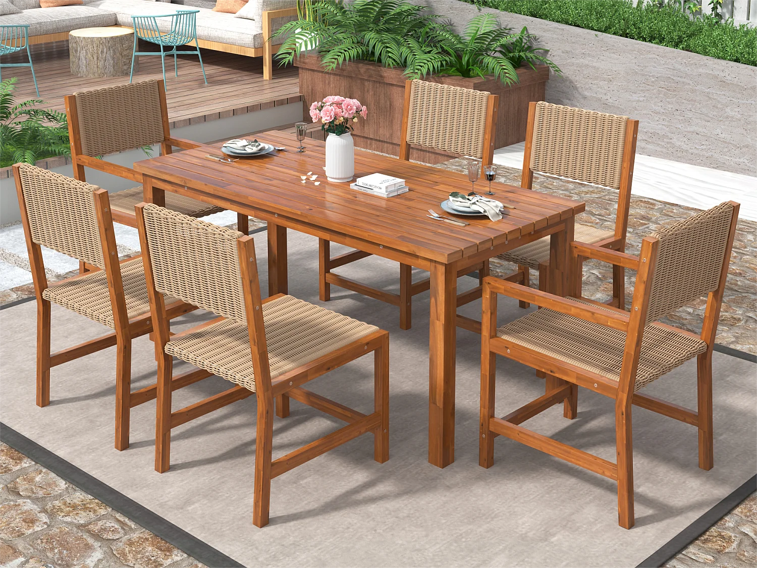 7-delige buiten eettafelset voor 6 personen. in HDPE rotan en acaciahout - 1 tafel + 6 stoelen - voor tuin of terras - bruin