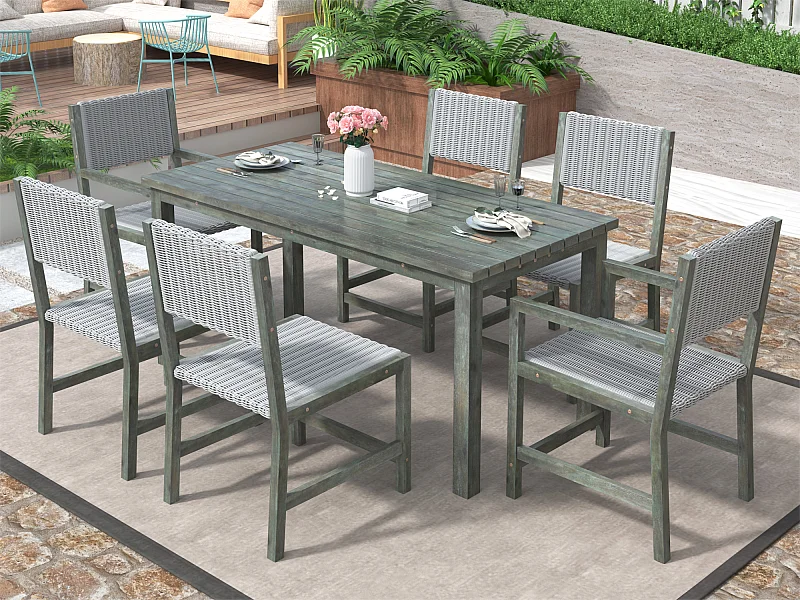 7-teiliges Outdoor-Esstischset für 6 Personen. aus HDPE-Rattan und Akazienholz – 1 Tisch + 6 Stühle – für Garten oder Terrasse – grün