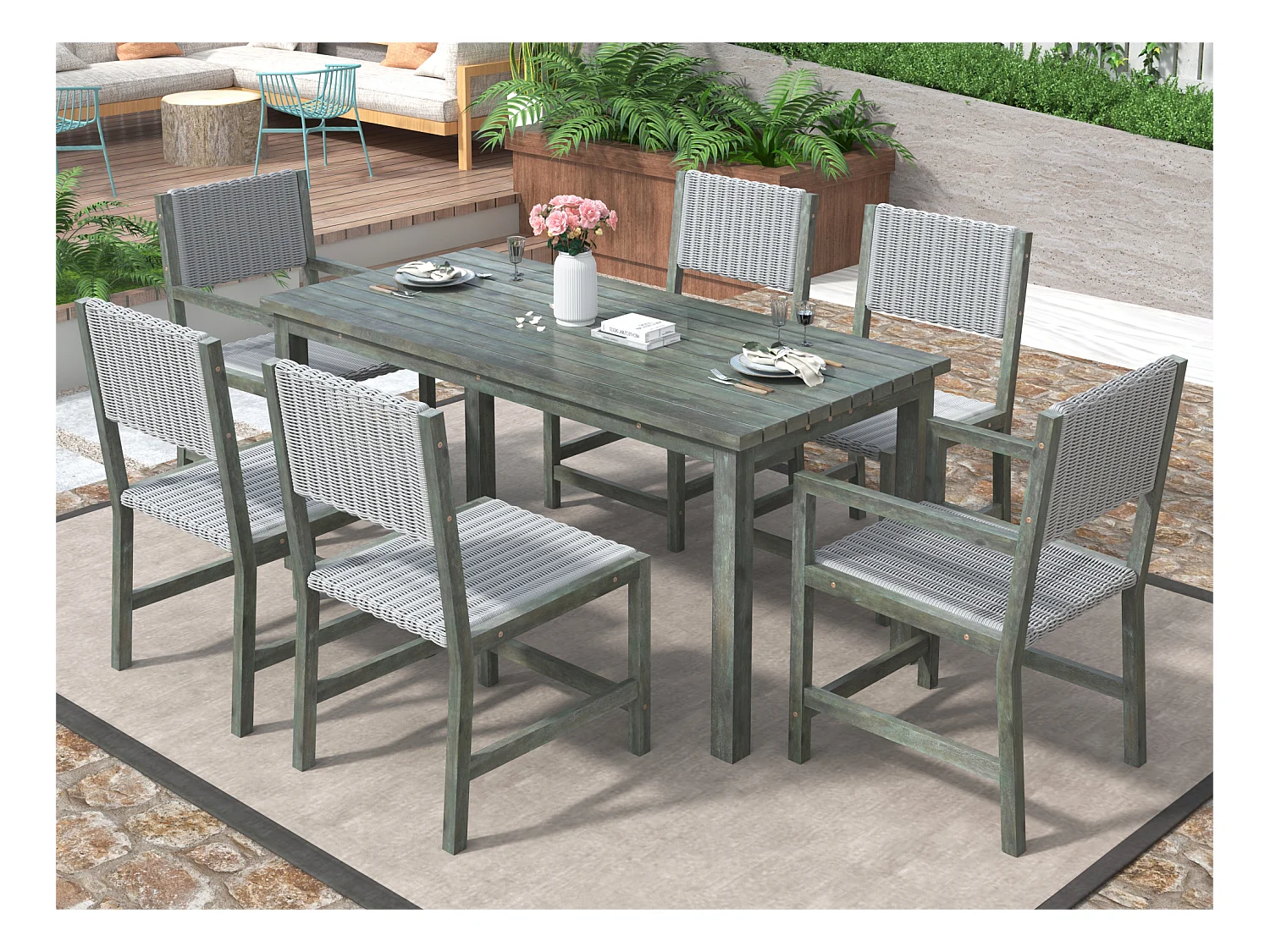 Salle à manger de jardin 7 pcs en rotin HDPE et bois d'acacia - table + 6 chaises - pour jardin ou terrasse - vert