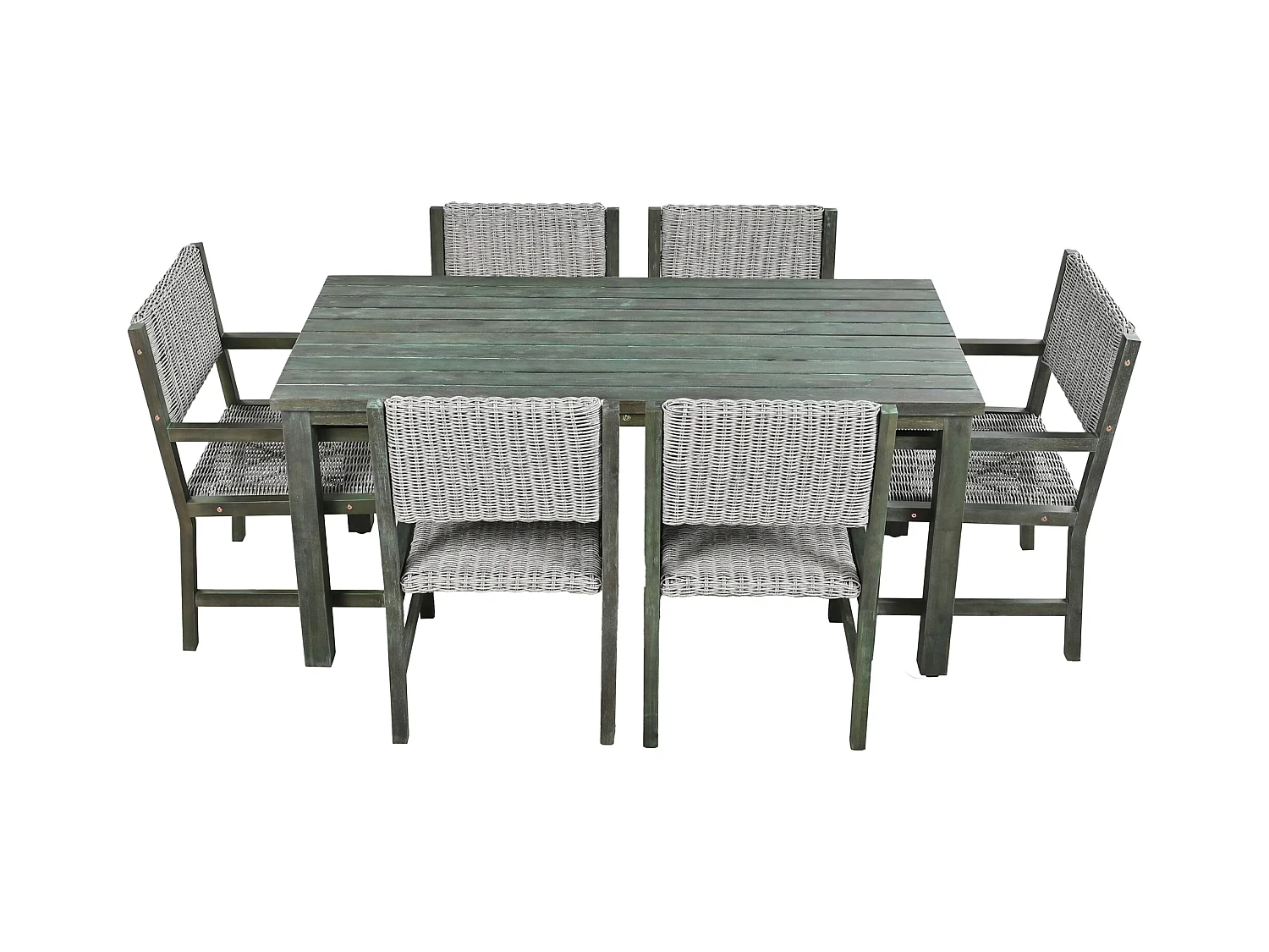 7-delige buiten eettafelset voor 6 personen. in HDPE rotan en acaciahout - 1 tafel + 6 stoelen - voor tuin of terras - groen
